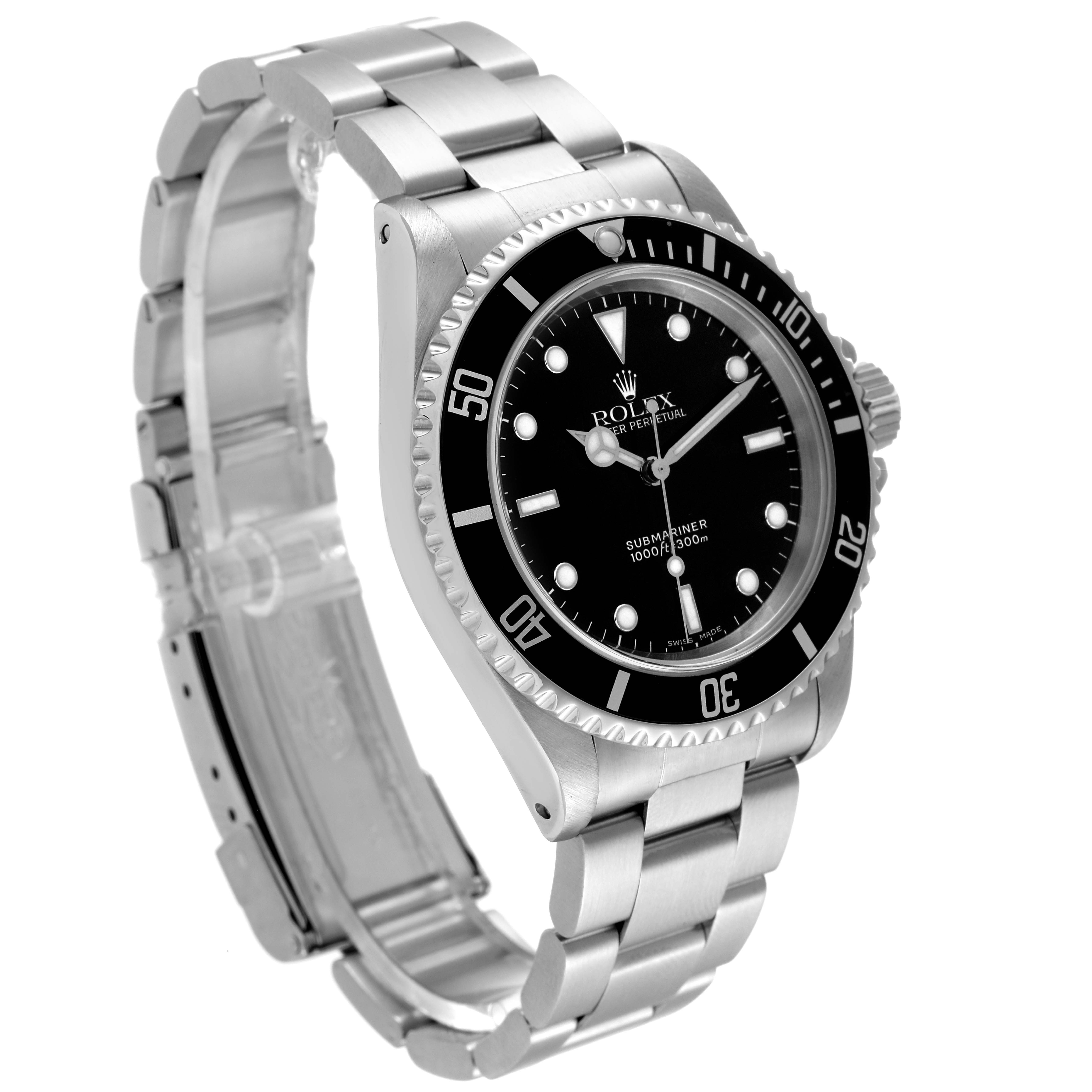 The image shows a side and partial front view of a Rolex Submariner 14060 Men
s Stainless Steel Black Dial 14060 Men
s Stainless Steel Black Dial watch, highlighting the bezel, dial, and bracelet.