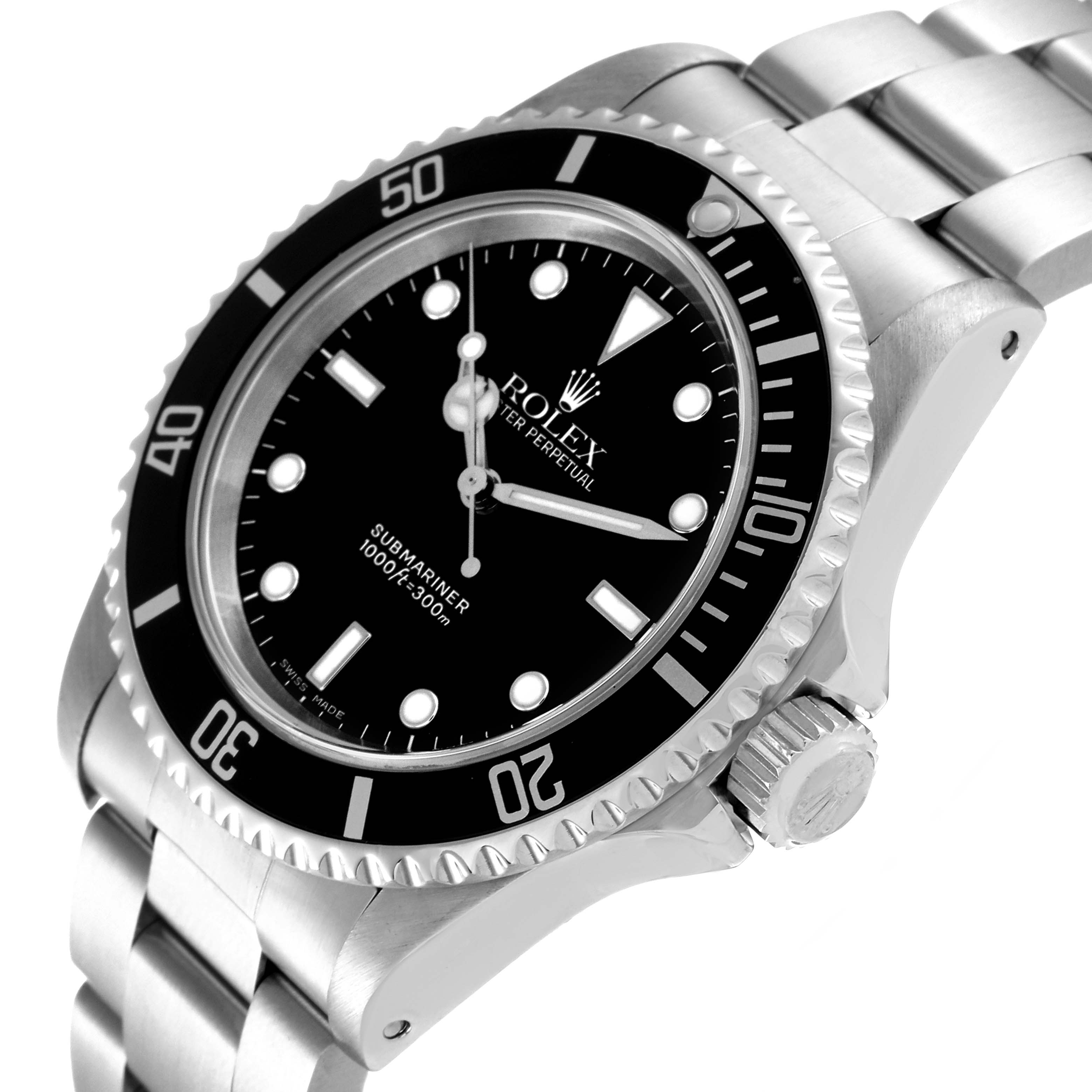 The image shows a close-up angle of the Rolex Submariner 14060 Men
s Stainless Steel Black Dial 14060 Men
s Stainless Steel Black Dial watch, highlighting its face, bezel, crown, and bracelet.