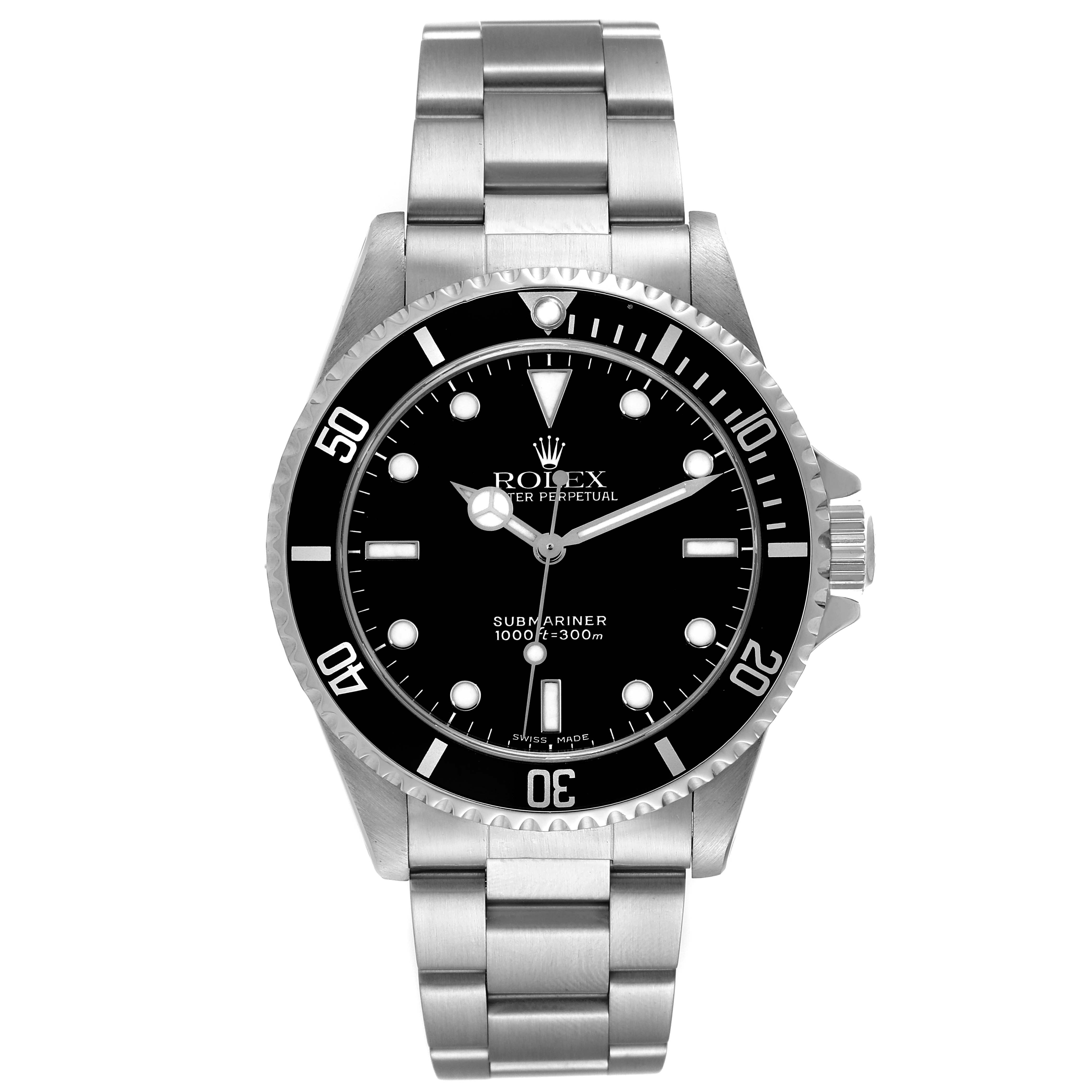 The image shows a frontal view of a Rolex Submariner 14060 Men
s Stainless Steel Black Dial 14060 Men
s Stainless Steel Black Dial watch, showcasing its black dial, bezel, and stainless steel bracelet.