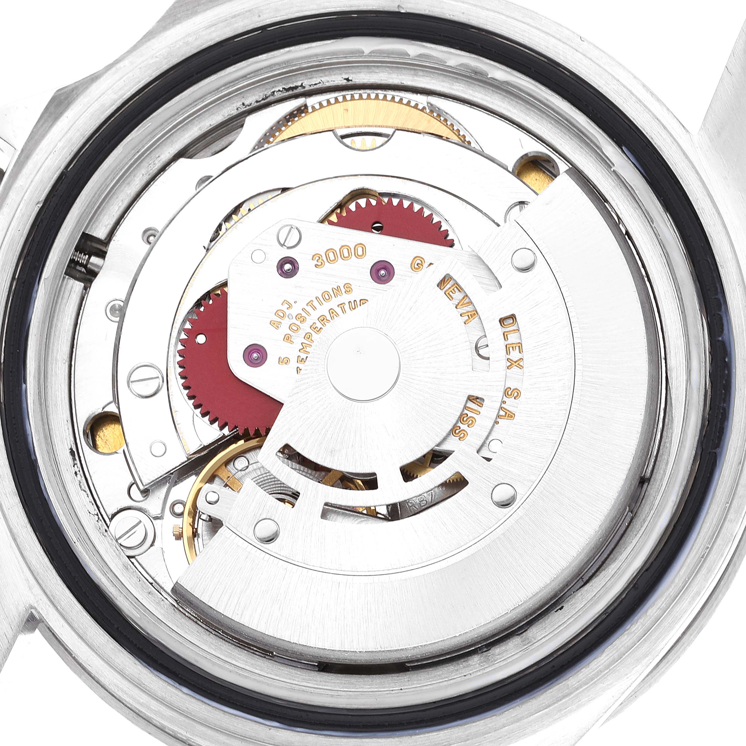 This image shows a close-up view of the movement mechanism of a Rolex Submariner 14060 Men
s Stainless Steel Black Dial 14060 Men
s Stainless Steel Black Dial watch.