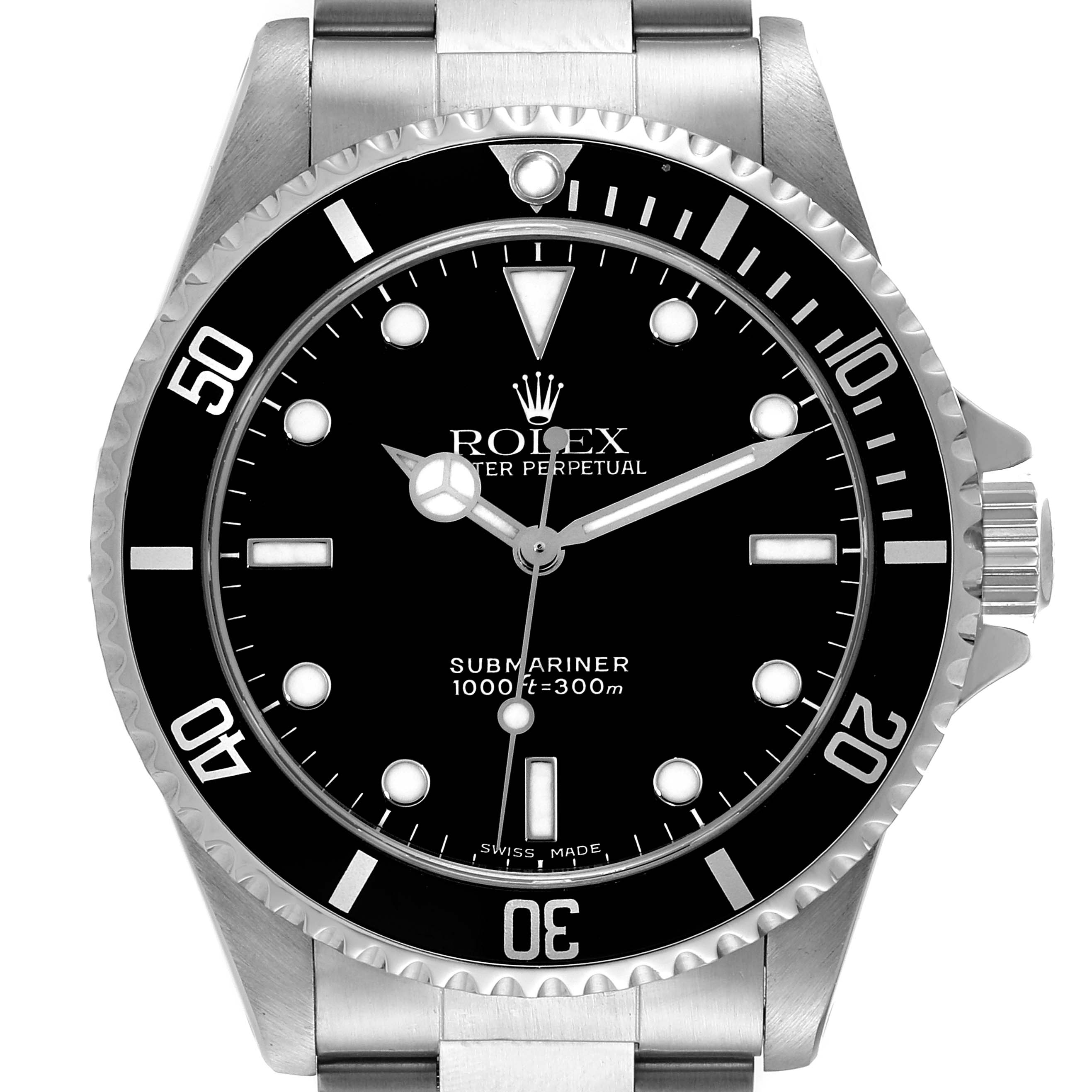 The image shows a front view of the Rolex Submariner 14060 Men
s Stainless Steel Black Dial 14060 Men
s Stainless Steel Black Dial watch featuring the dial, bezel, and part of the bracelet.