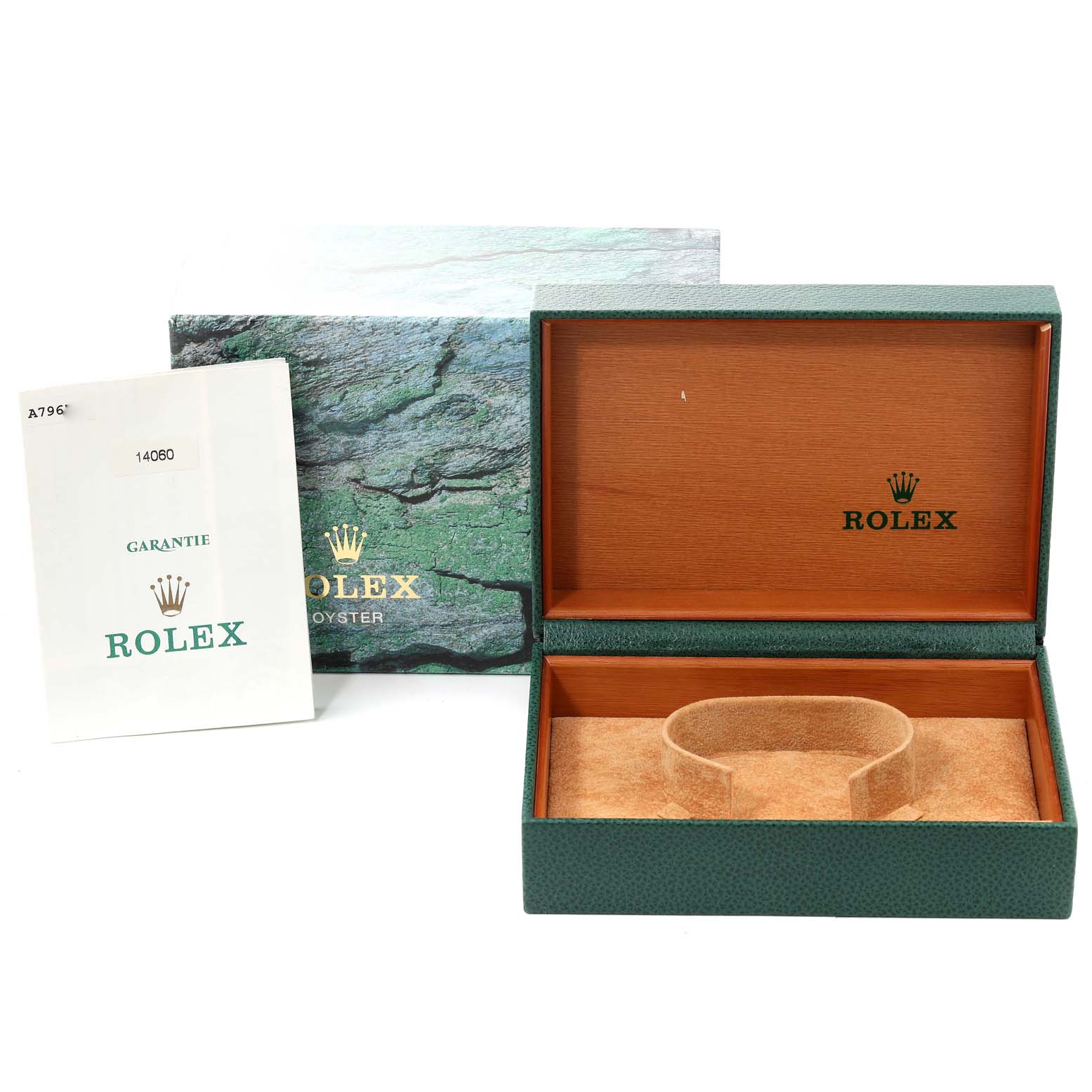 The image shows a Rolex Submariner 14060 Men
s Stainless Steel Black Dial 14060 Men
s Stainless Steel Black Dial watch box, its outer box, and a guarantee booklet from a frontal angle.