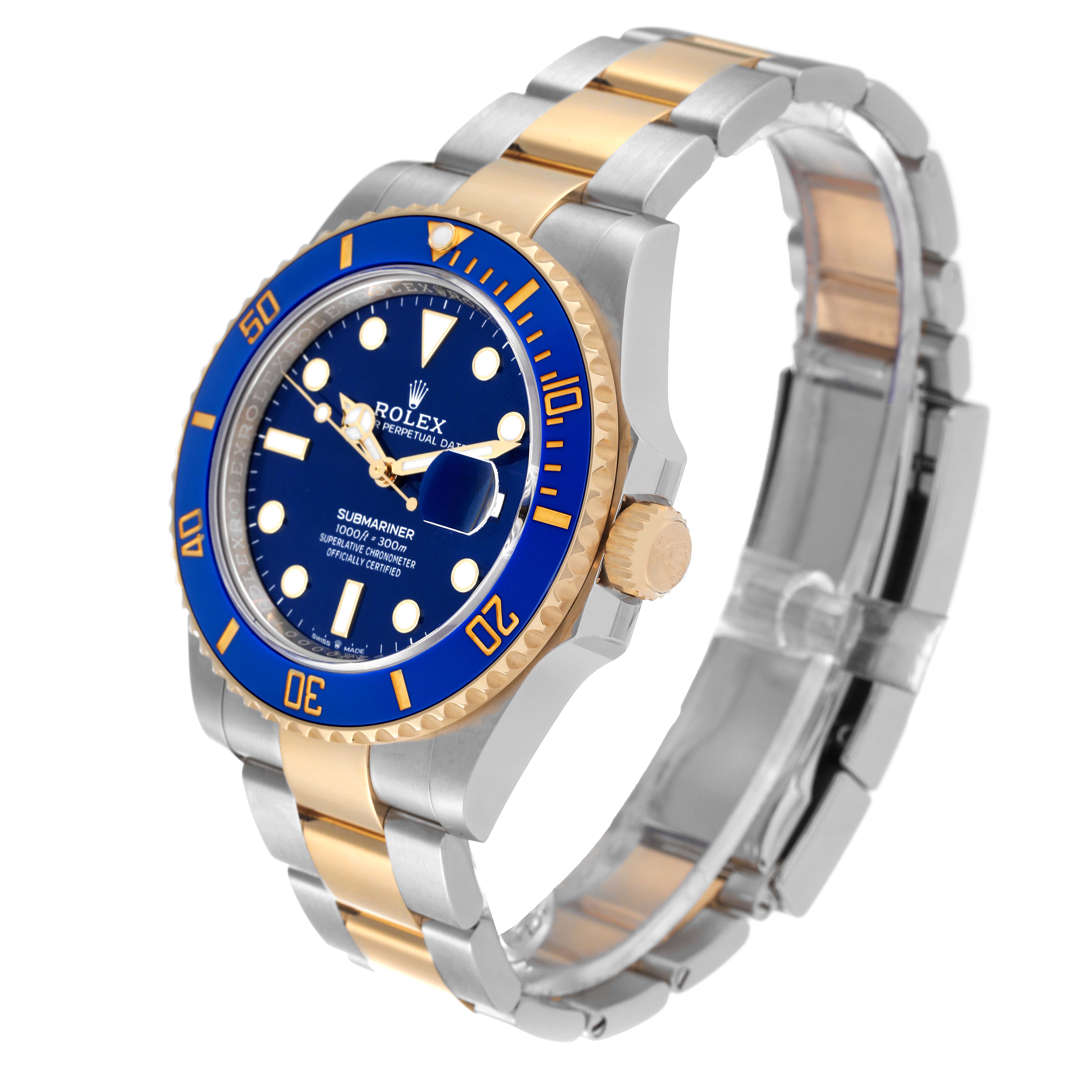 The image shows a side angle of a Rolex Submariner 126613 Men's Steel and Gold (two tone) Blue Dial 126613 Men's Steel and Gold (two tone) Blue Dial watch featuring a blue dial, gold bezel, and two-tone metal bracelet.