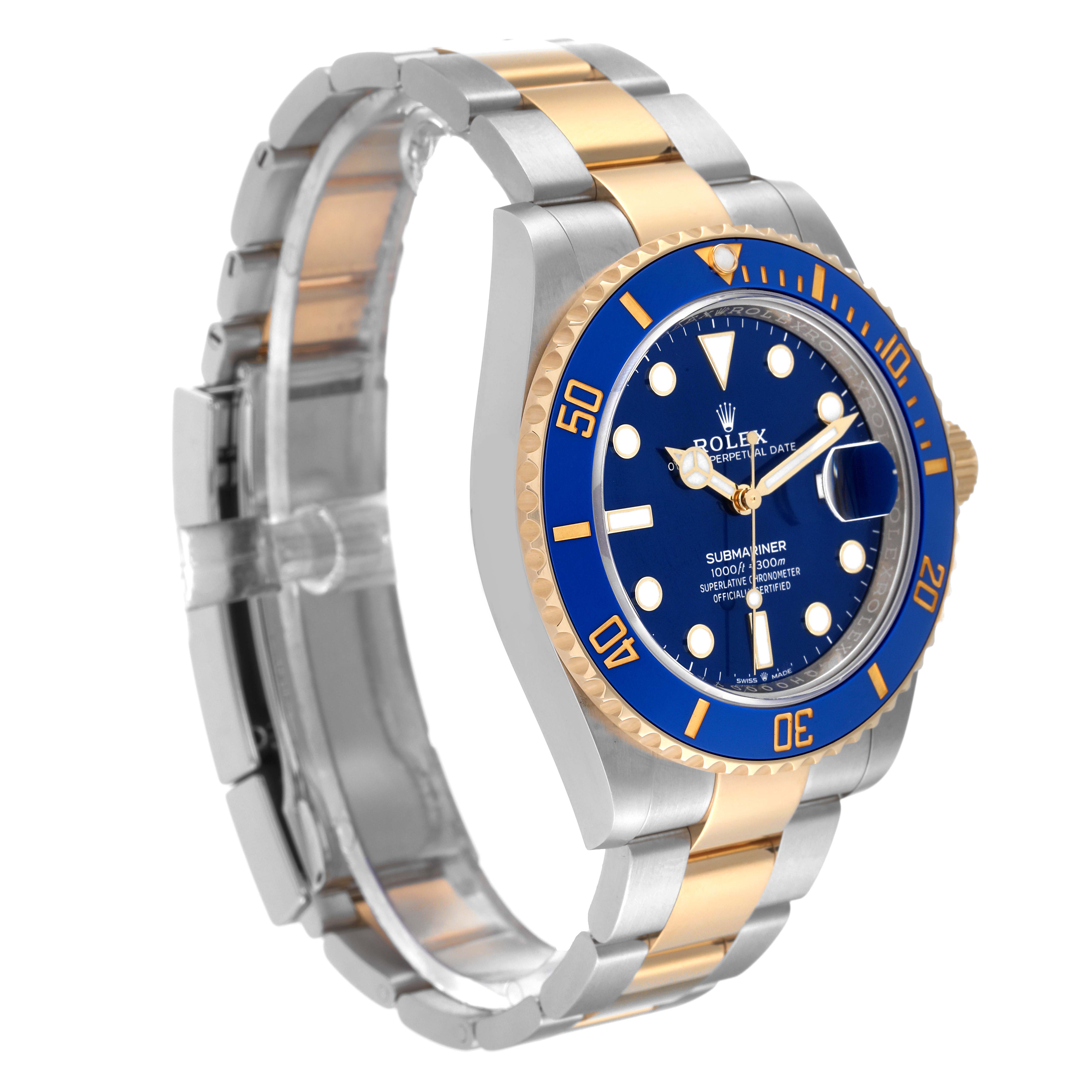 This Rolex Submariner 126613 Men's Steel and Gold (two tone) Blue Dial 126613 Men's Steel and Gold (two tone) Blue Dial watch is shown at an angle from the left side, displaying its face, bezel, and bracelet.