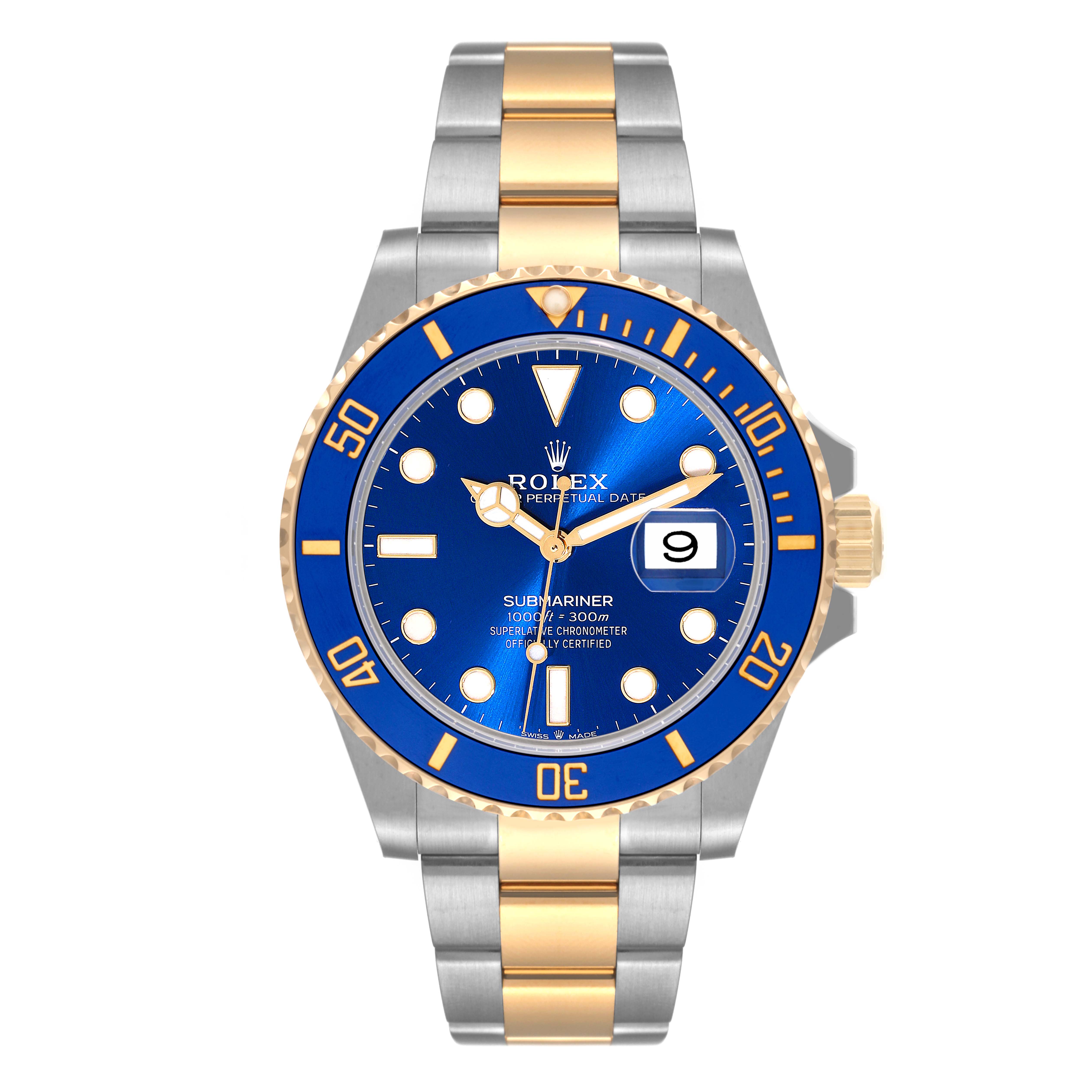 This Rolex Submariner 126613 Men's Steel and Gold (two tone) Blue Dial 126613 Men's Steel and Gold (two tone) Blue Dial watch is shown from a front angle, displaying its blue dial, date window, and two-tone metal bracelet.