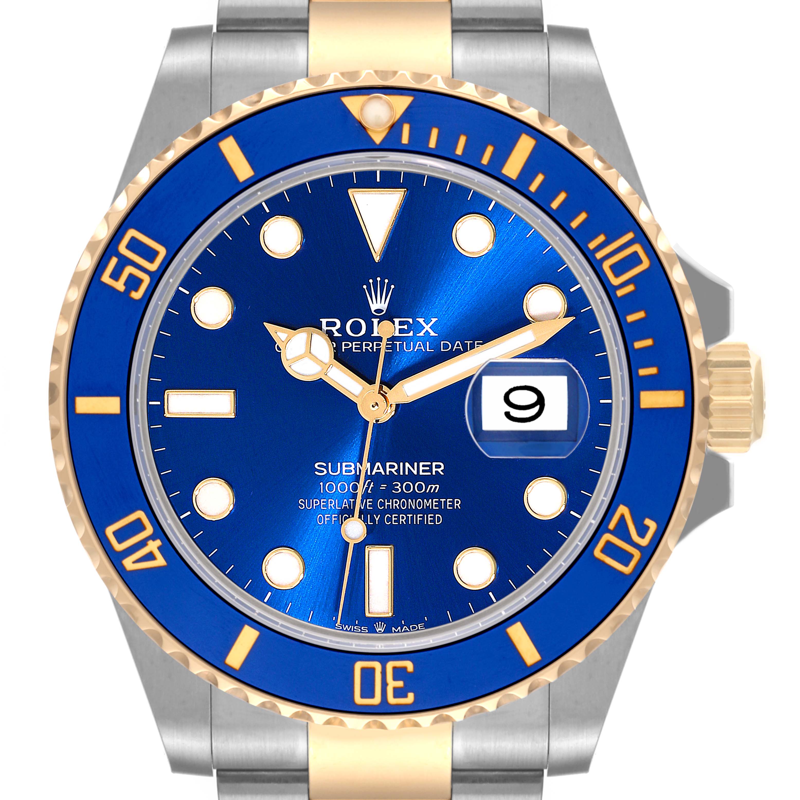 The image shows a front view of a Rolex Submariner 126613 Men's Steel and Gold (two tone) Blue Dial 126613 Men's Steel and Gold (two tone) Blue Dial watch, displaying the dial, bezel, and part of the bracelet.