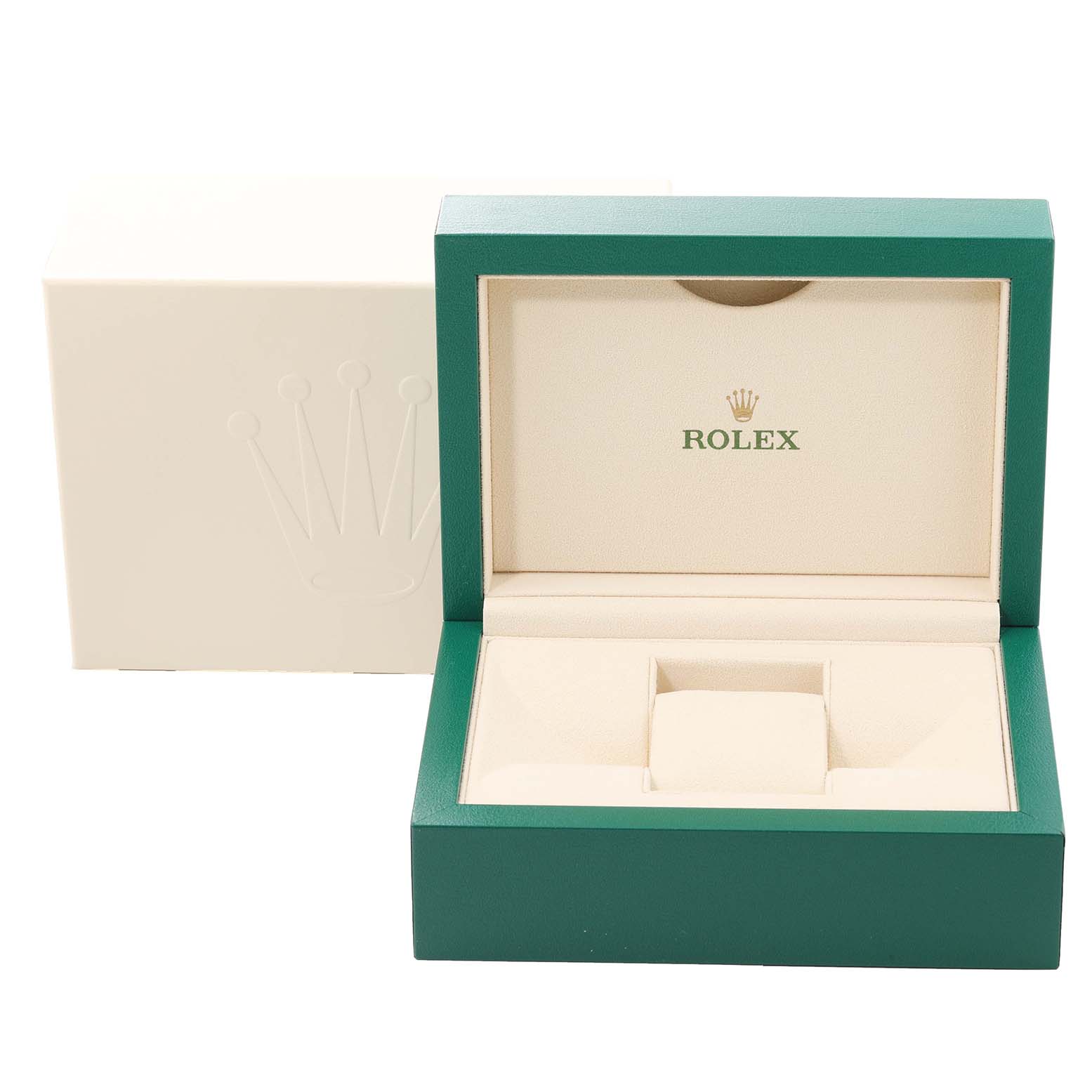 The image shows an open Submariner by Rolex watch box, revealing its interior and cushion, with the outer box in the background.