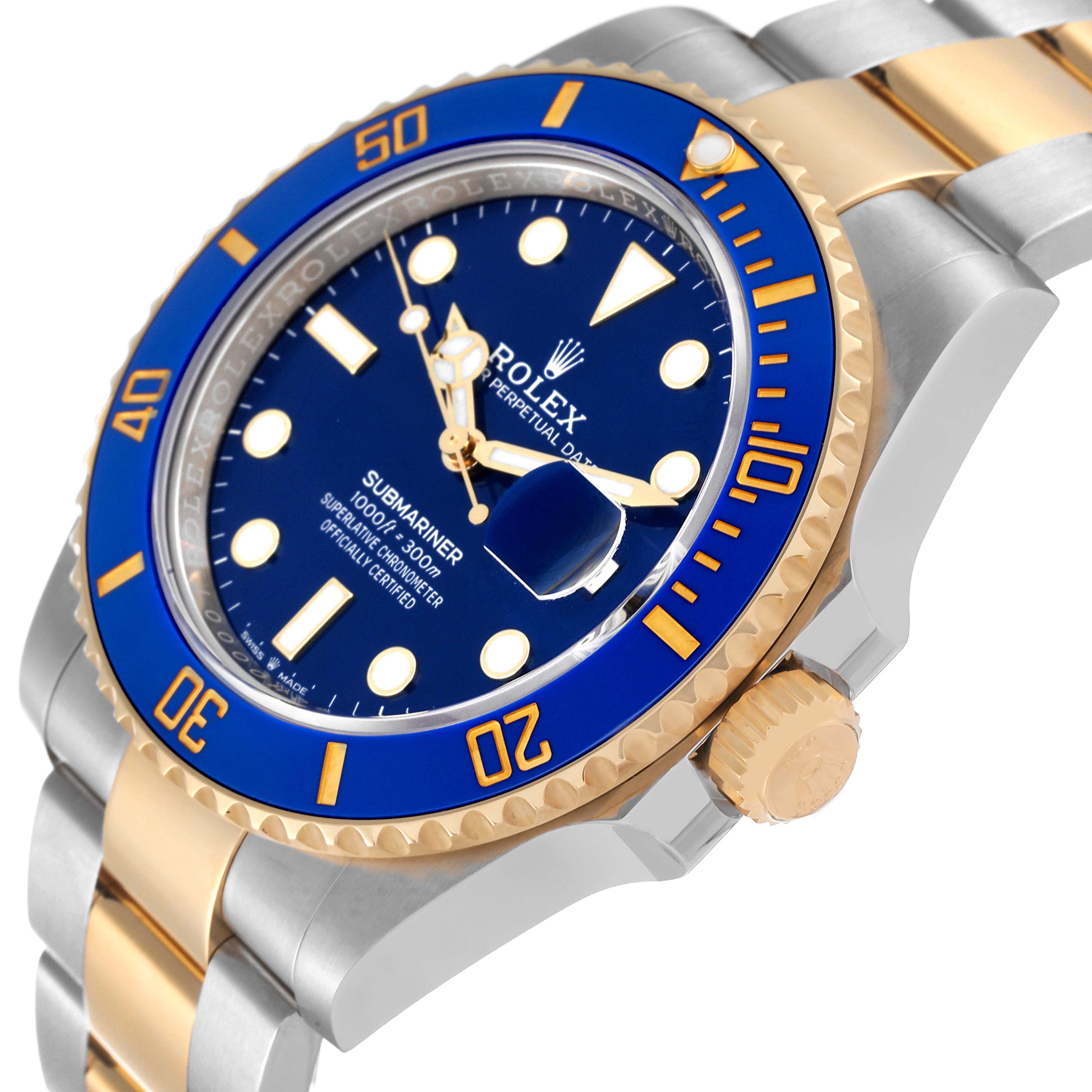 This image shows a side angle of a Rolex Submariner 126613 Men's Steel and Gold (two tone) Blue Dial 126613 Men's Steel and Gold (two tone) Blue Dial watch, highlighting the blue dial, bezel, and the two-tone bracelet.