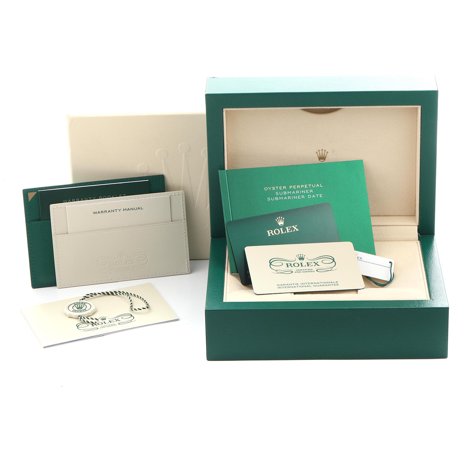 The image shows a Rolex Submariner 126610 Men's Stainless Steel Black Dial 126610 Men's Stainless Steel Black Dial box, manuals, warranty card, and hang tag from a straight-on angle.