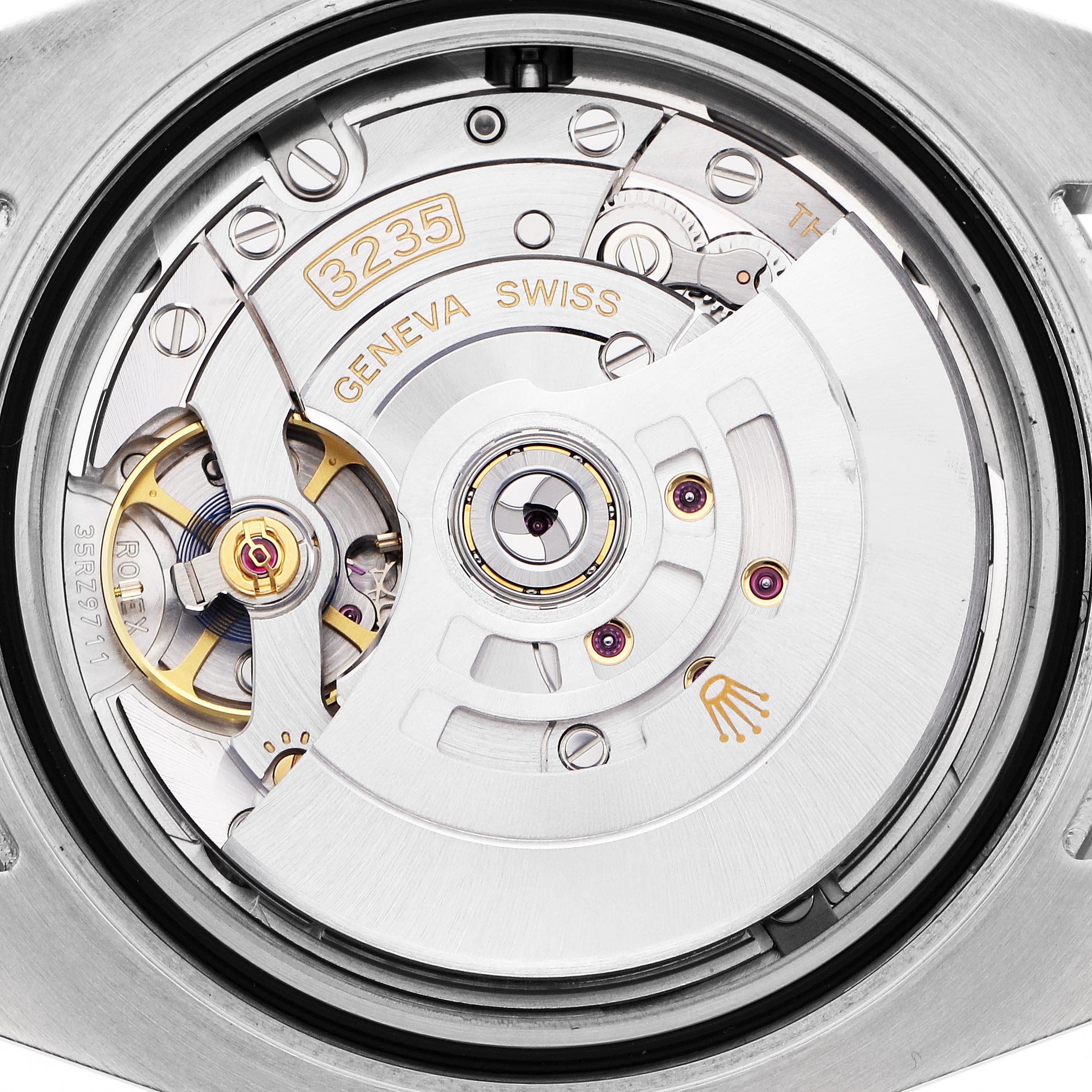 The image shows the movement of a Rolex Submariner 126610 Men's Stainless Steel Black Dial 126610 Men's Stainless Steel Black Dial, featuring the intricate details of the 3235 caliber from a top-down angle.