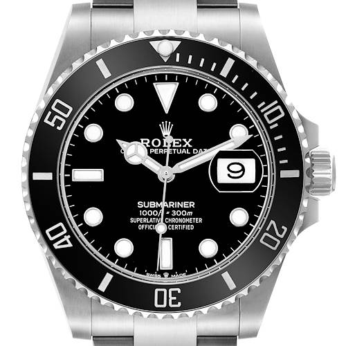 The Rolex Submariner watch is shown from a front angle, displaying its bezel, dial, hands, and date window.