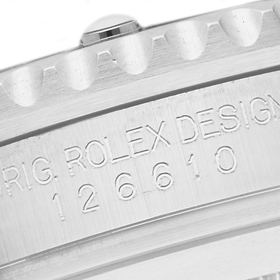 The image shows a close-up of the side of a Rolex Submariner 126610 Men's Stainless Steel Black Dial 126610 Men's Stainless Steel Black Dial, highlighting the model number and part of the bezel.