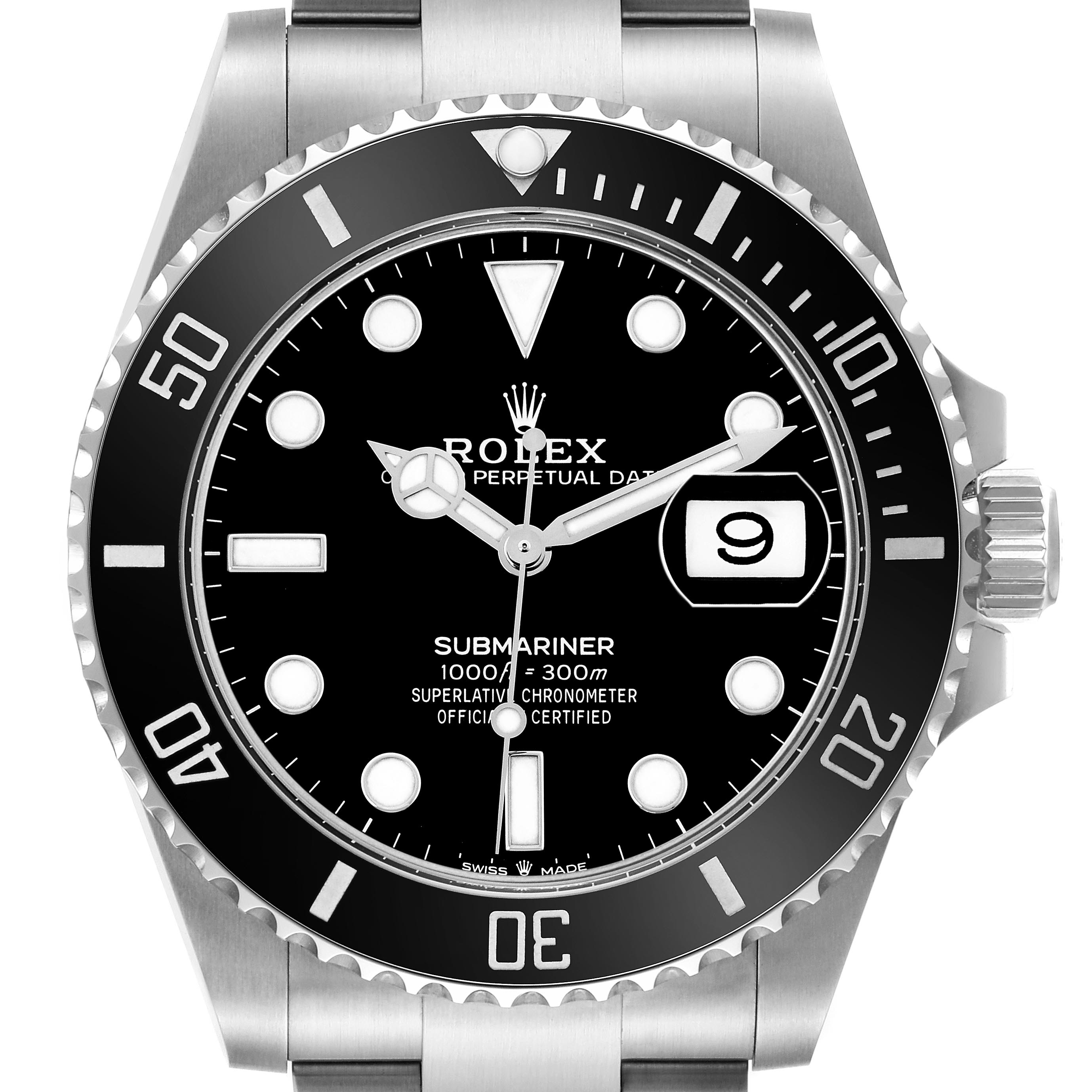 The Rolex Submariner 126610 Men's Stainless Steel Black Dial 126610 Men's Stainless Steel Black Dial watch is shown from the front, displaying the dial, bezel, crown, and part of the bracelet.