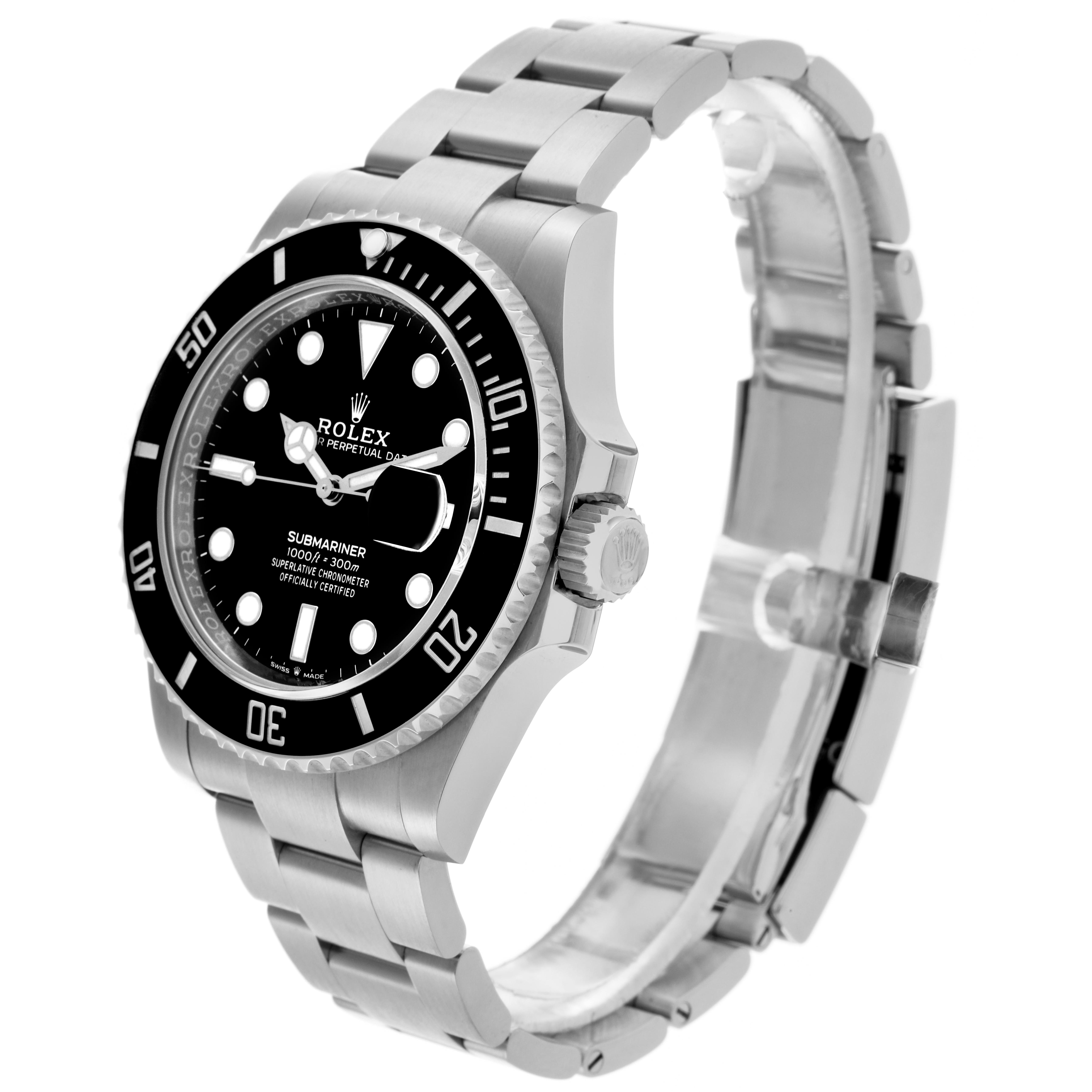 The Rolex Submariner 126610 Men's Stainless Steel Black Dial 126610 Men's Stainless Steel Black Dial watch is shown at an angled side view, featuring the dial, bezel, crown, and bracelet.