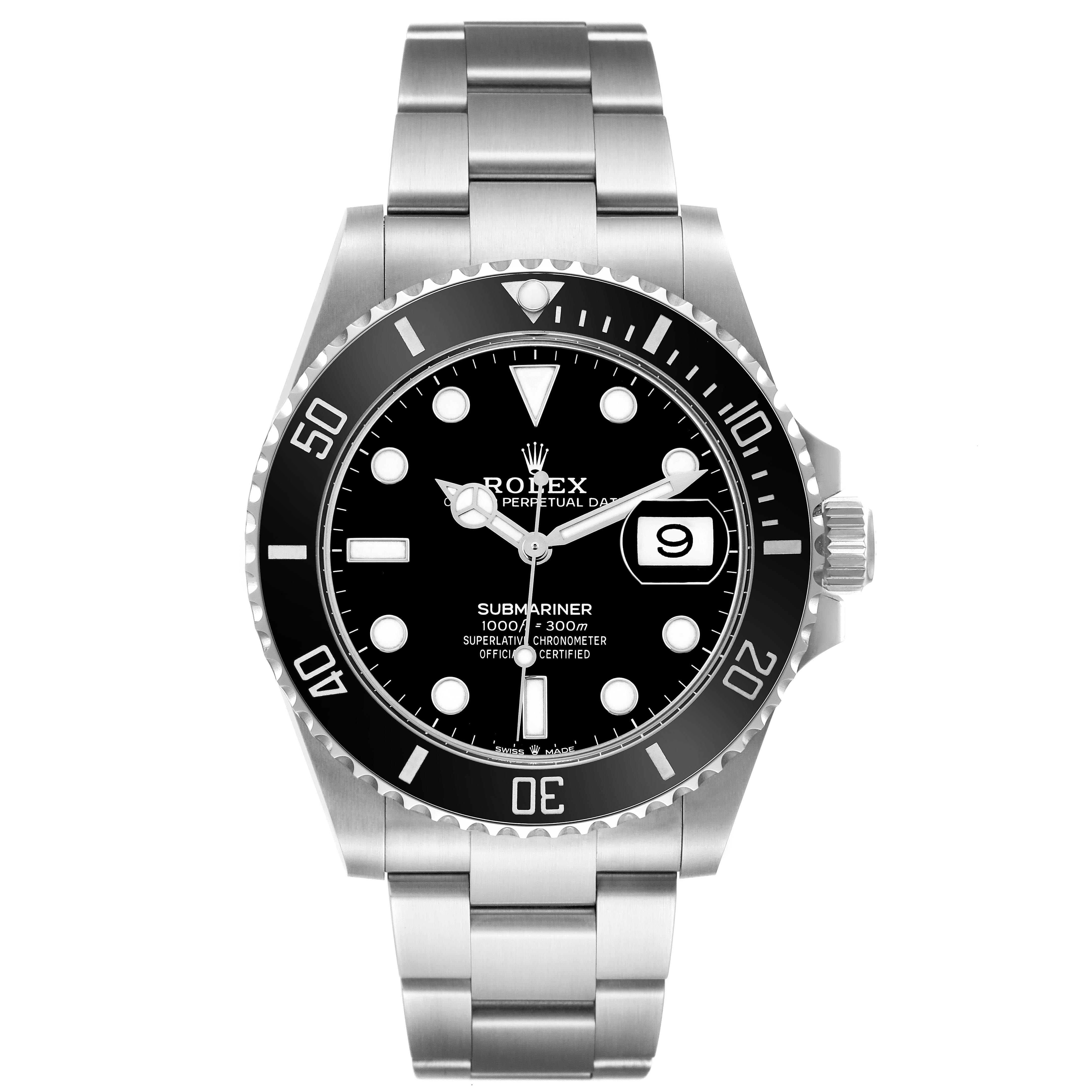 The Rolex Submariner 126610 Men's Stainless Steel Black Dial 126610 Men's Stainless Steel Black Dial watch is shown from a front angle, displaying the bezel, dial, and bracelet.