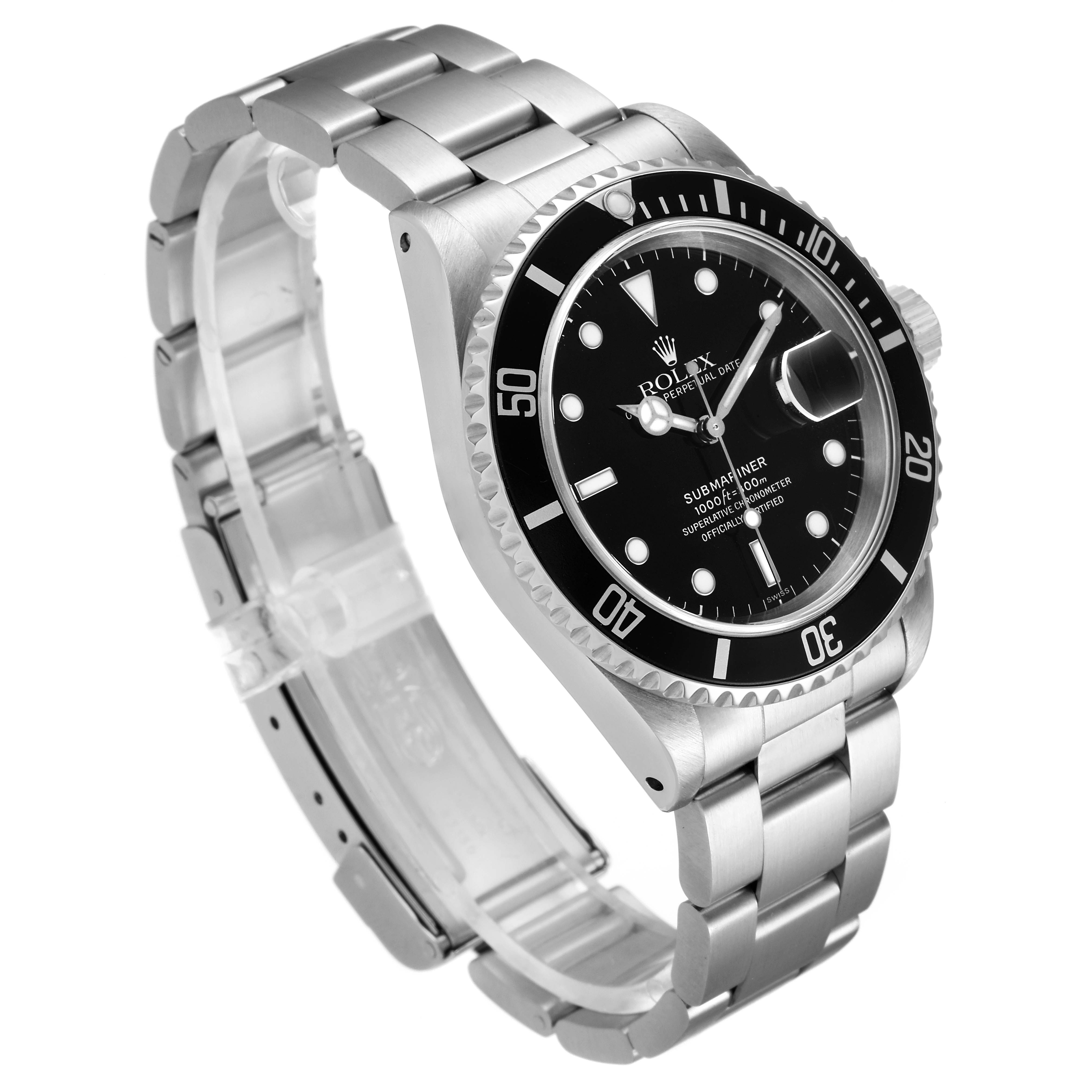 This image shows a side-angle view of a Rolex Submariner 16610 Men
s Stainless Steel Black Dial 16610 Men
s Stainless Steel Black Dial watch, highlighting its face, bezel, and stainless steel bracelet.