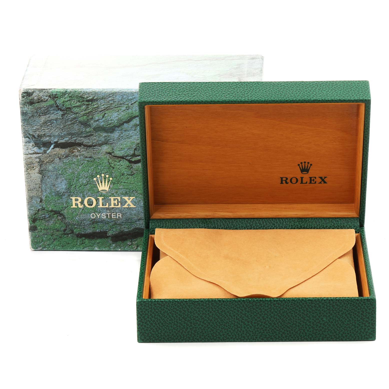 The image shows the packaging for a Rolex Submariner 16610 Men
s Stainless Steel Black Dial 16610 Men
s Stainless Steel Black Dial, including a green box with a leather pouch inside.