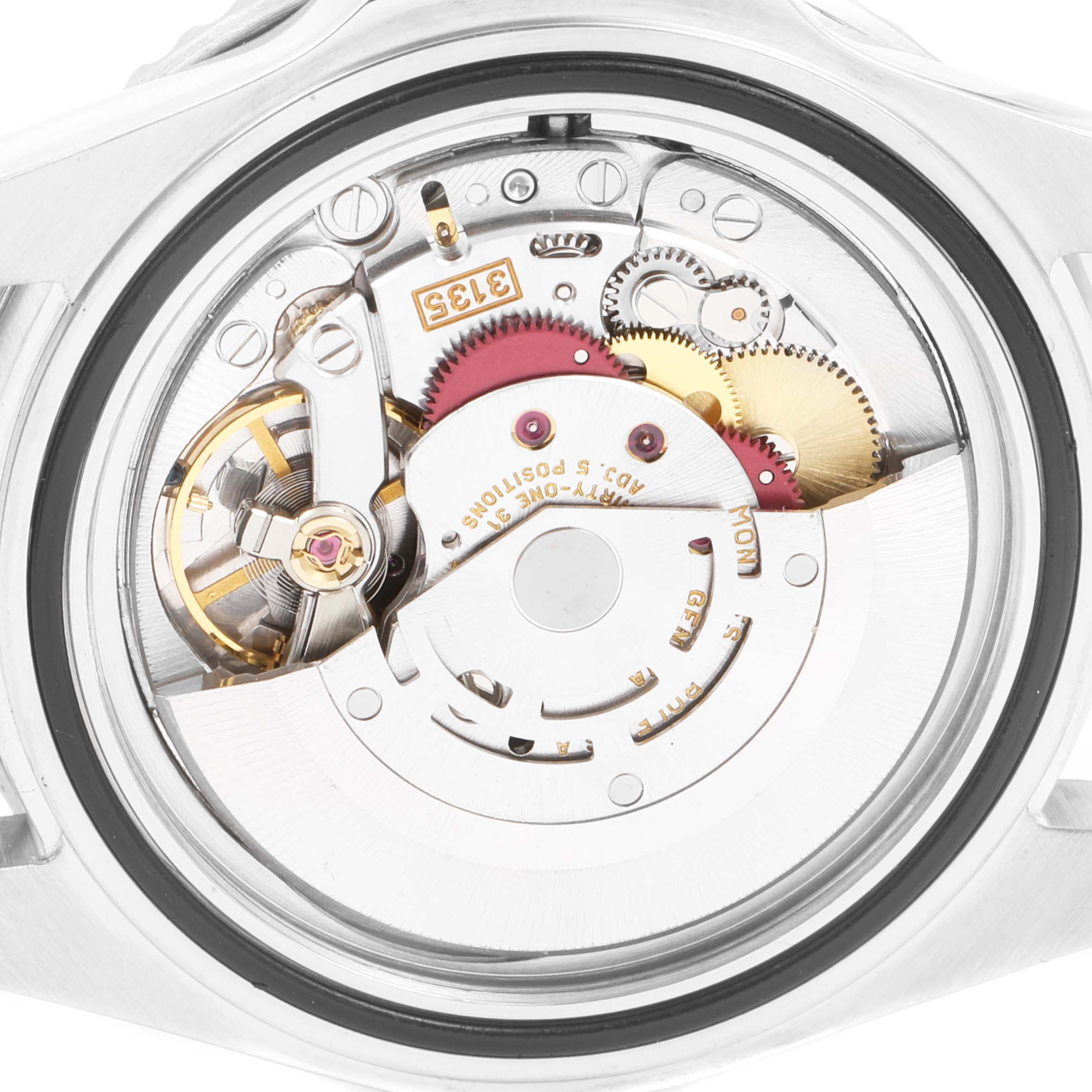 This image shows the intricate inner mechanism of a Rolex Submariner 16610 Men
s Stainless Steel Black Dial 16610 Men
s Stainless Steel Black Dial model watch, viewed from the back.