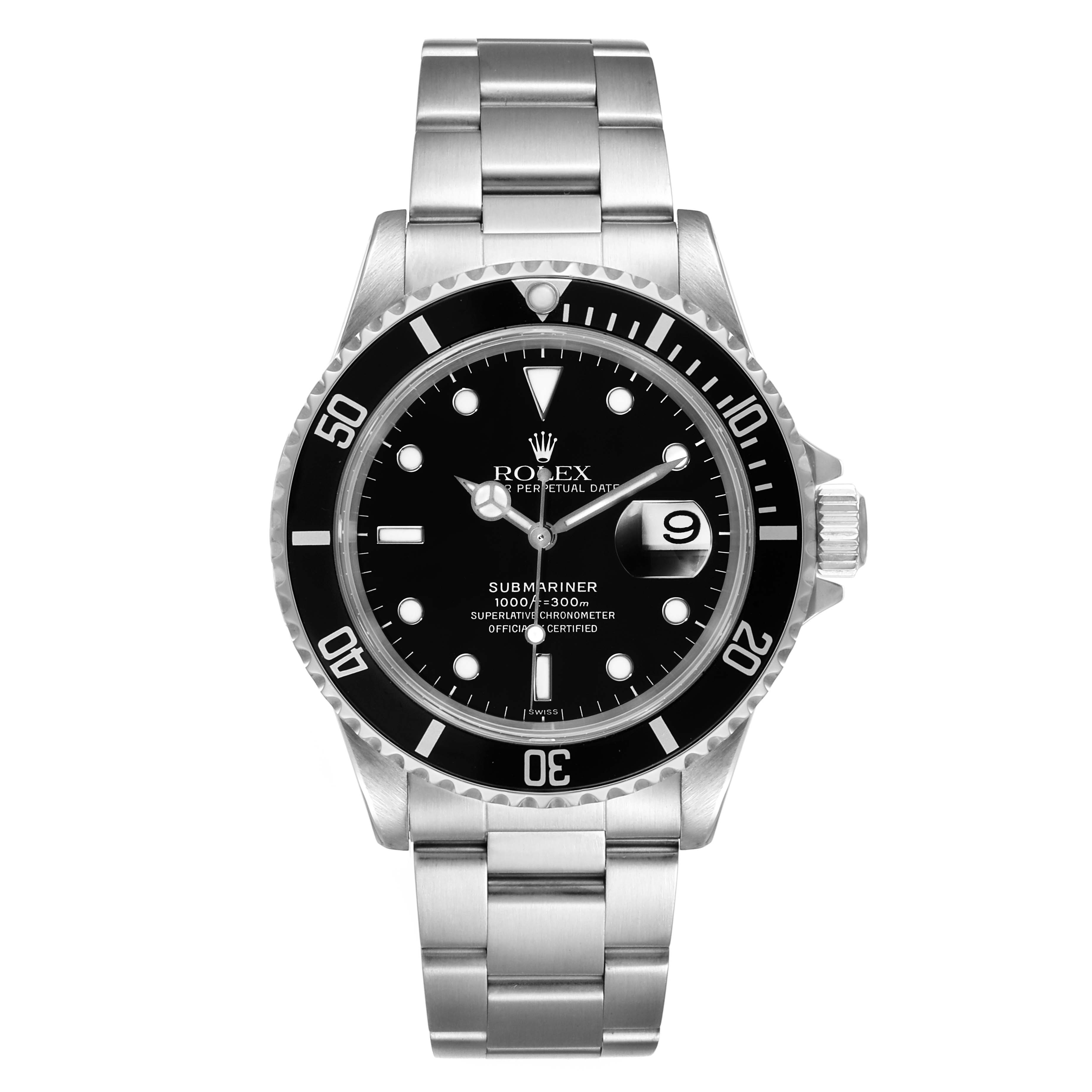 This image shows a front view of the Rolex Submariner 16610 Men
s Stainless Steel Black Dial 16610 Men
s Stainless Steel Black Dial watch, detailing its face, bezel, and bracelet.