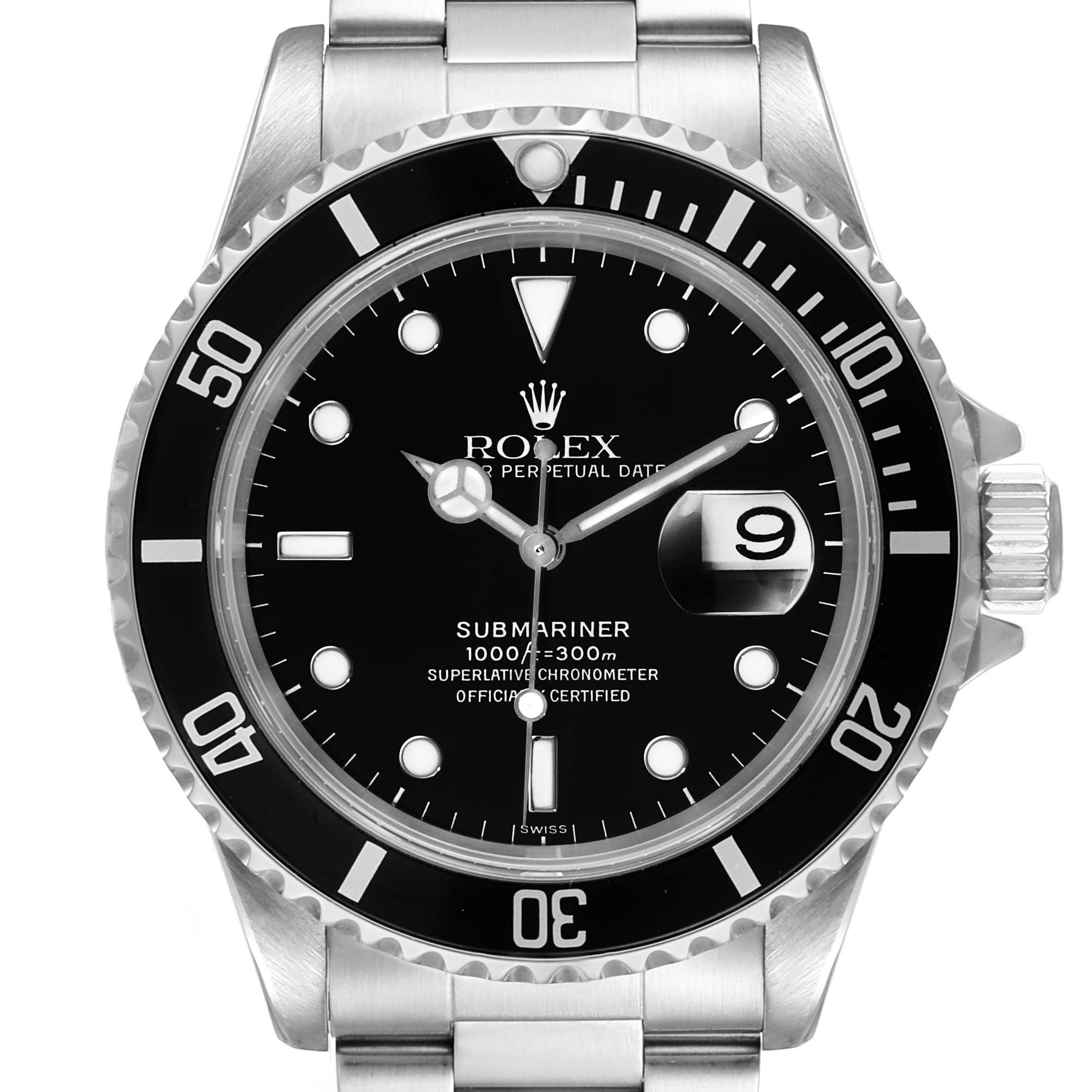 The image shows a front view of a Rolex Submariner 16610 Men
s Stainless Steel Black Dial 16610 Men
s Stainless Steel Black Dial watch, featuring its face, bezel, crown, and bracelet.