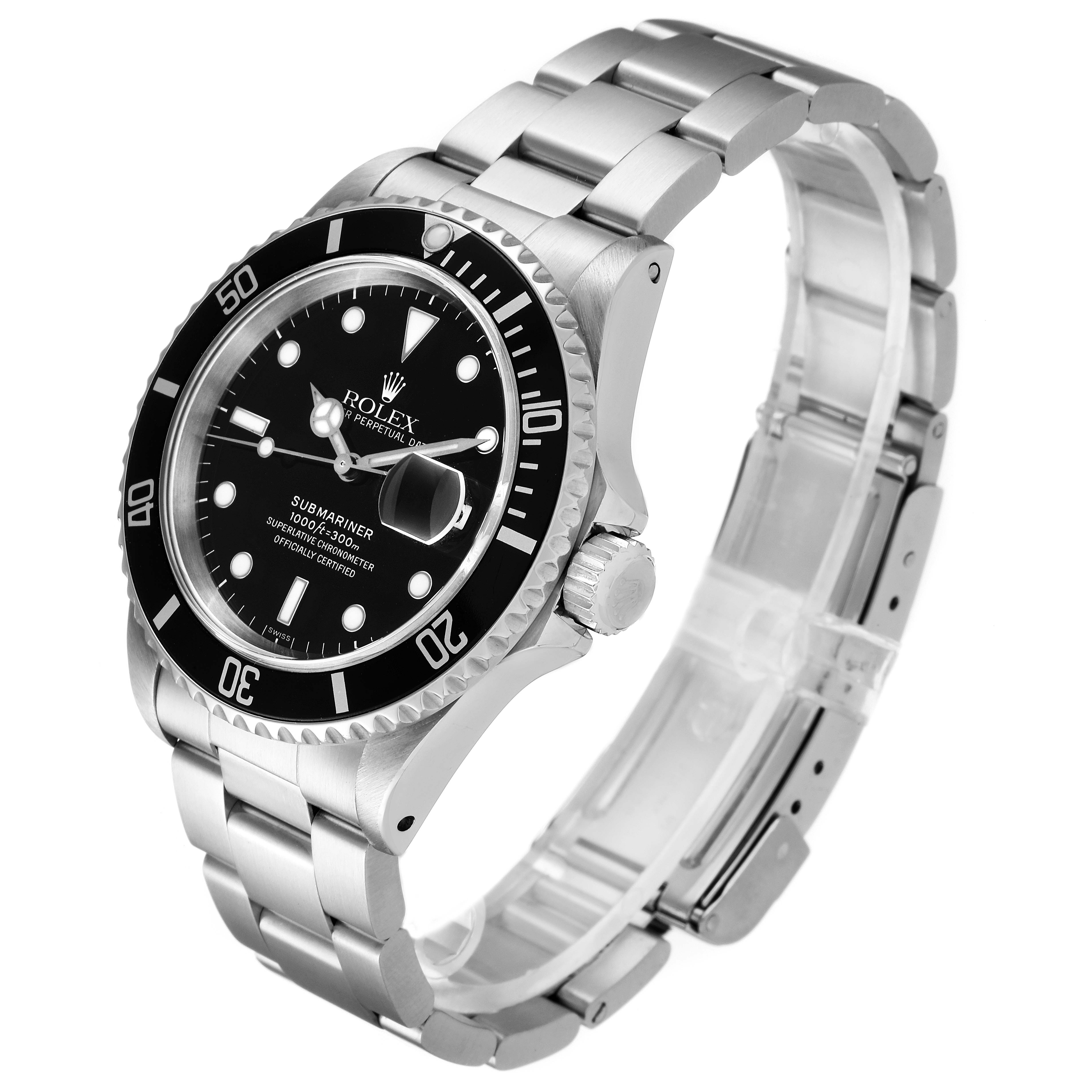 The image shows a Rolex Submariner 16610 Men
s Stainless Steel Black Dial 16610 Men
s Stainless Steel Black Dial watch at a three-quarter angle, highlighting the face, bezel, crown, and stainless steel bracelet.