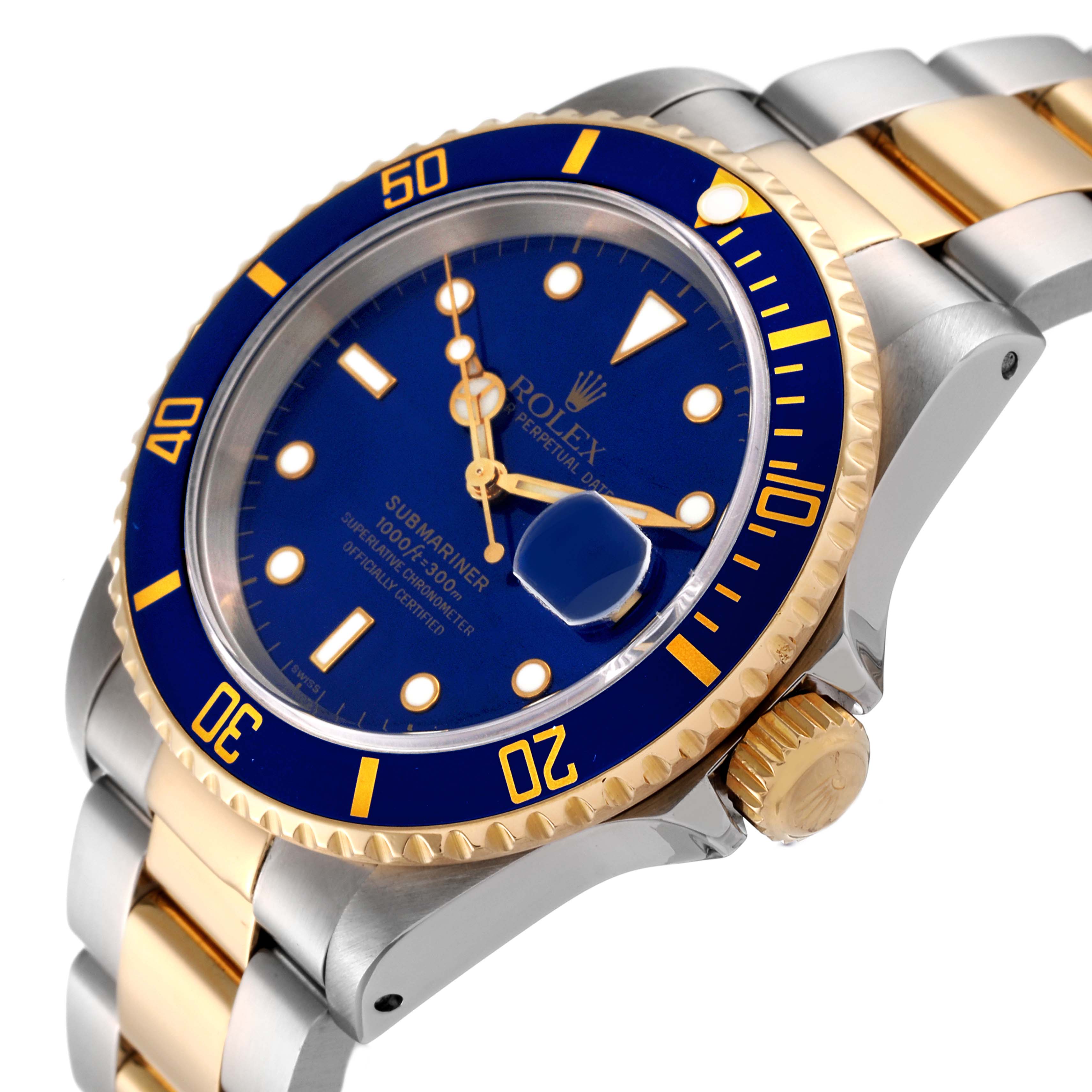 This image shows a close-up side angle of a Rolex Submariner 16613 Men's Steel and Gold (two tone) Blue Dial 16613 Men's Steel and Gold (two tone) Blue Dial watch featuring a blue dial, blue bezel, and a two-tone bracelet.