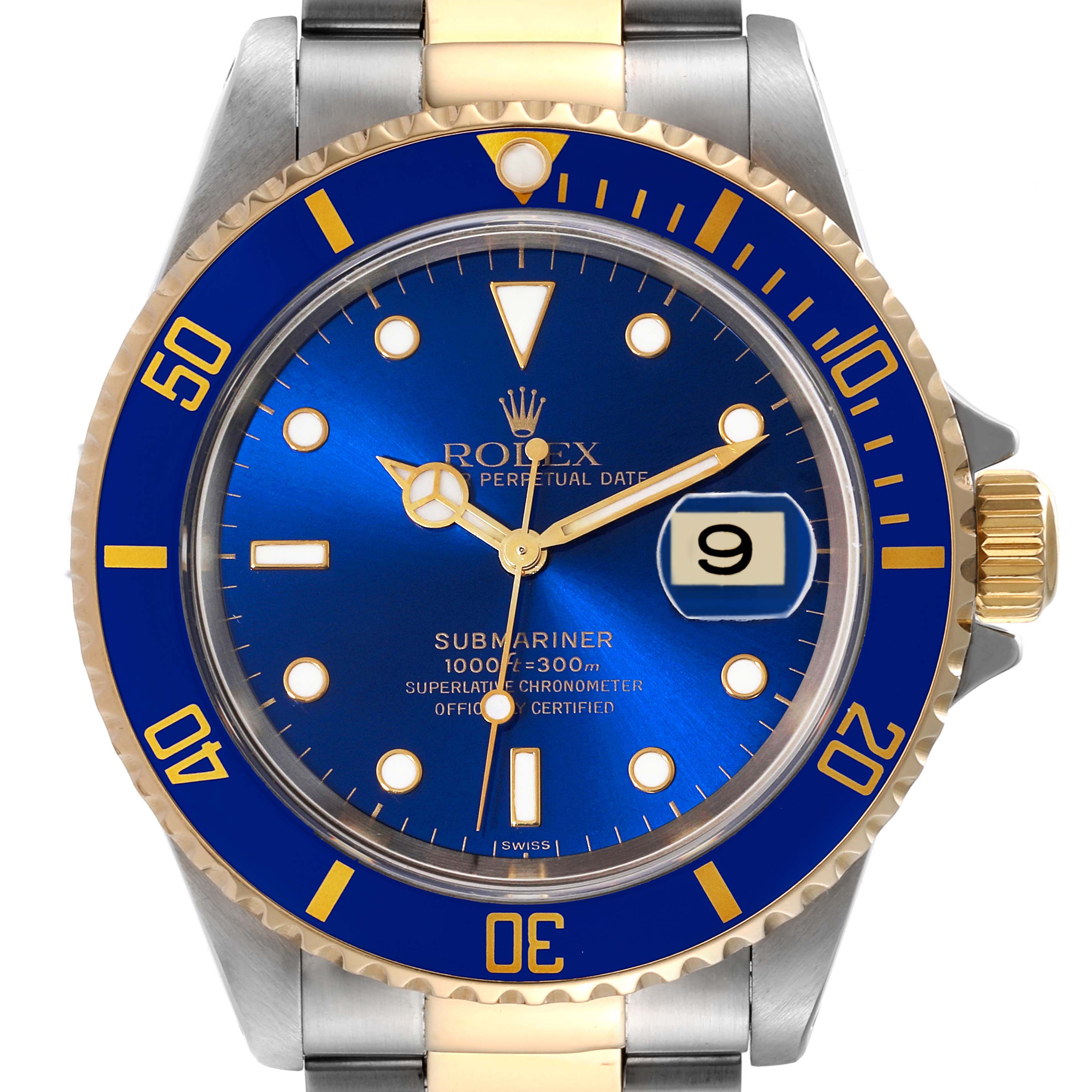 The image shows a front view of the Rolex Submariner 16613 Men's Steel and Gold (two tone) Blue Dial 16613 Men's Steel and Gold (two tone) Blue Dial watch, highlighting its blue dial, bezel, and gold details.