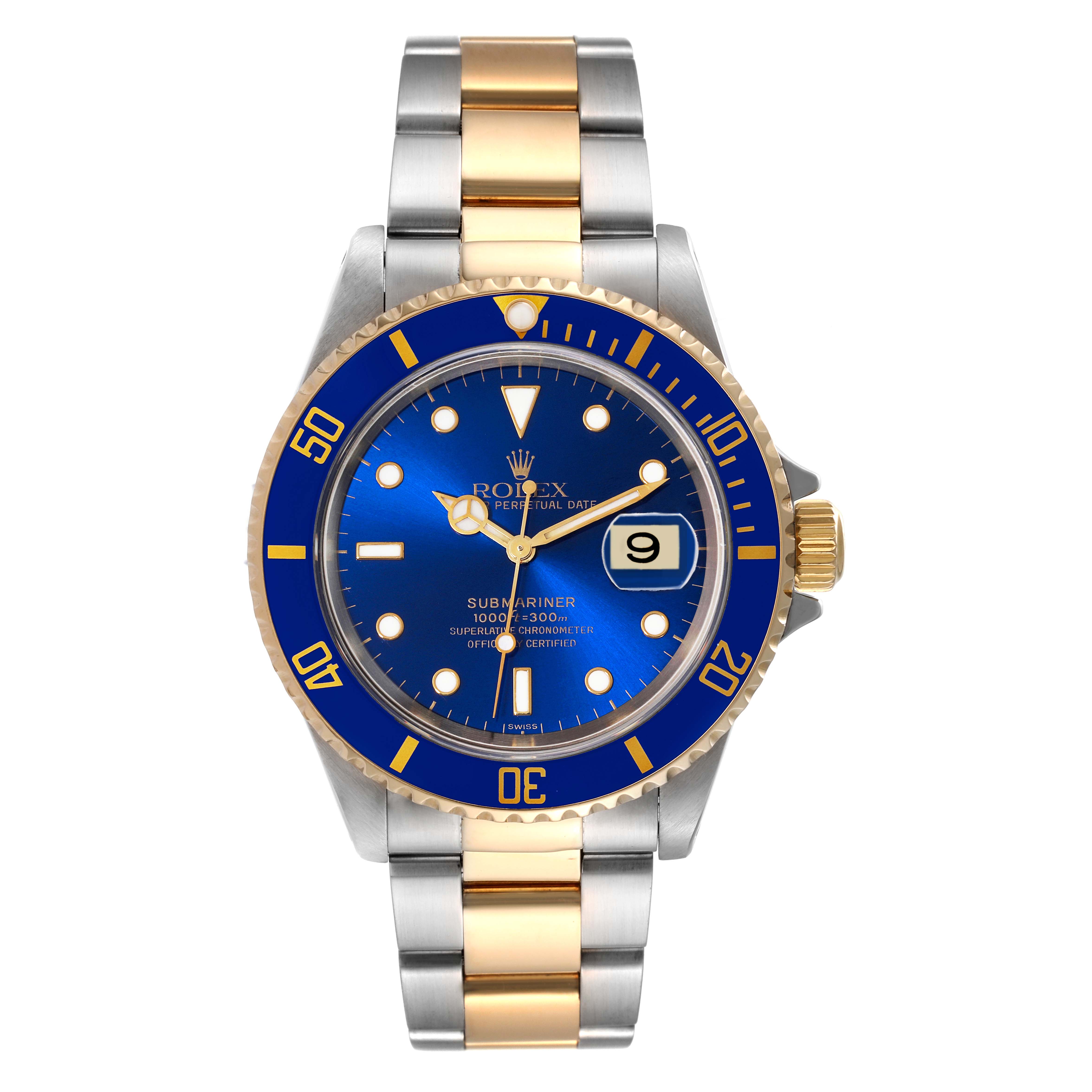 The image shows a front view of a Rolex Submariner 16613 Men's Steel and Gold (two tone) Blue Dial 16613 Men's Steel and Gold (two tone) Blue Dial watch, highlighting its blue dial, bezel, and two-tone metal bracelet.