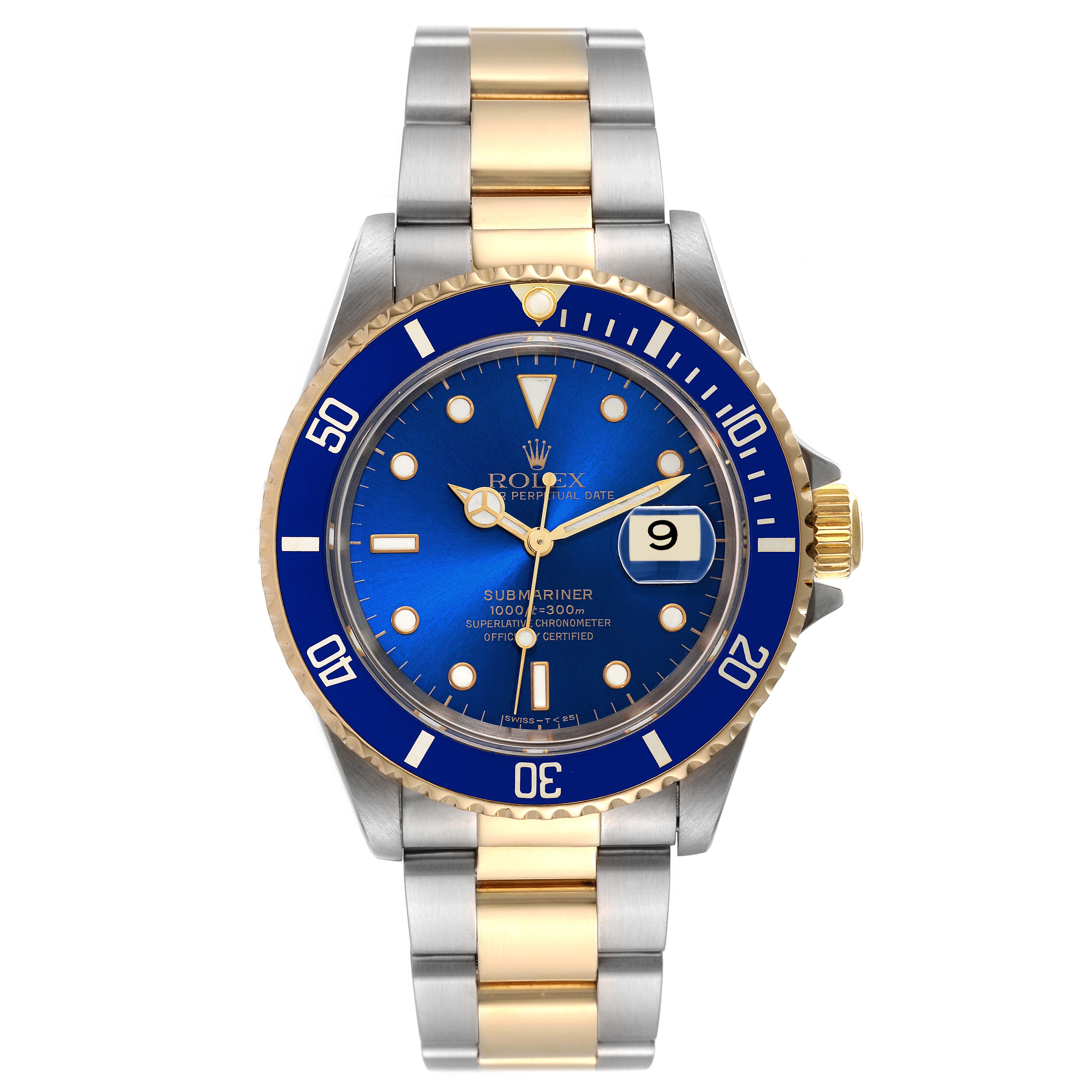 The image shows a front view of the Rolex Submariner 16613 Men's Steel and Gold (two tone) Blue Dial 16613 Men's Steel and Gold (two tone) Blue Dial watch, highlighting its blue dial, date display, two-tone bracelet, and rotatable bezel.