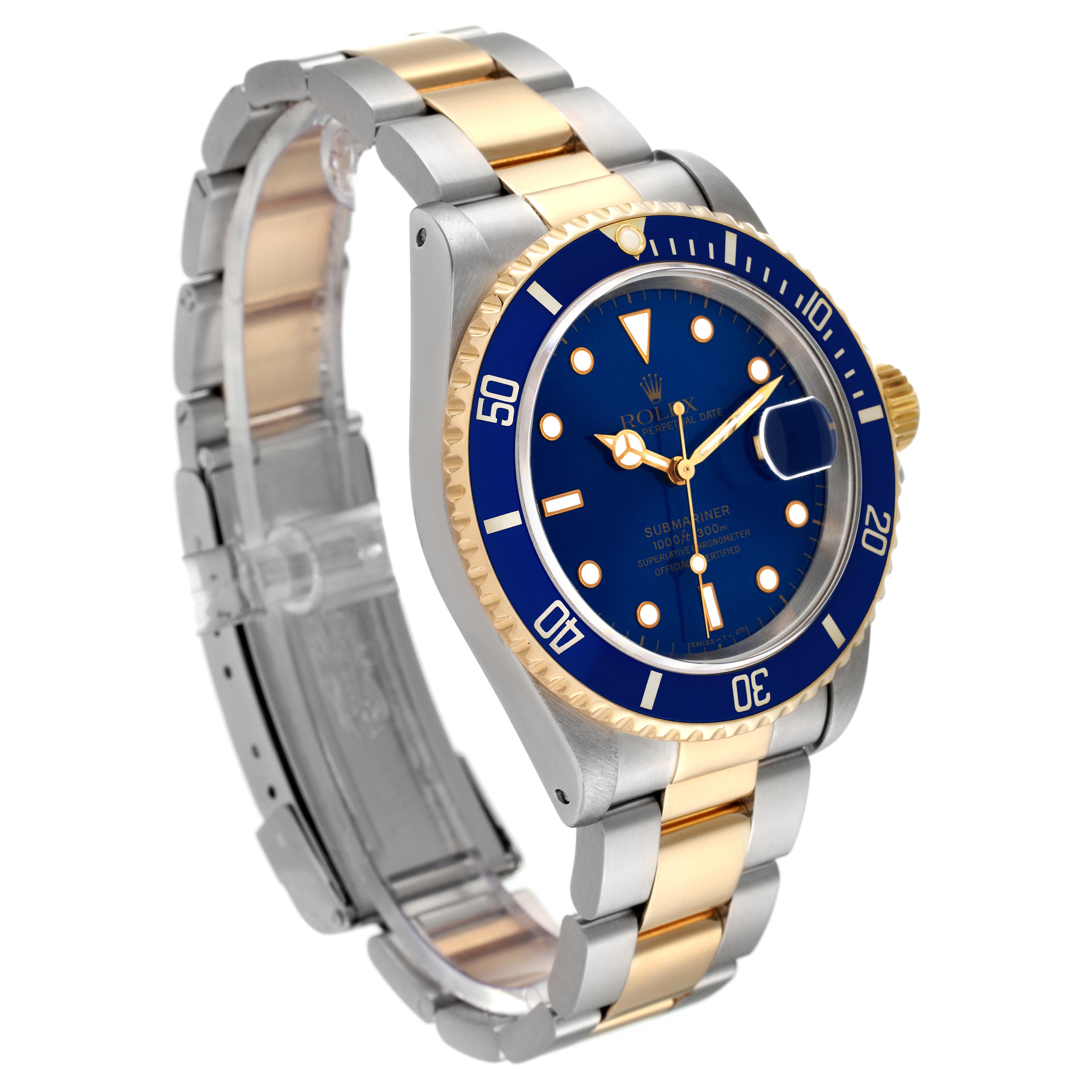 The image displays a Rolex Submariner 16613 Men's Steel and Gold (two tone) Blue Dial 16613 Men's Steel and Gold (two tone) Blue Dial watch with a blue dial and bezel, seen from an angled side view highlighting the bracelet and case.