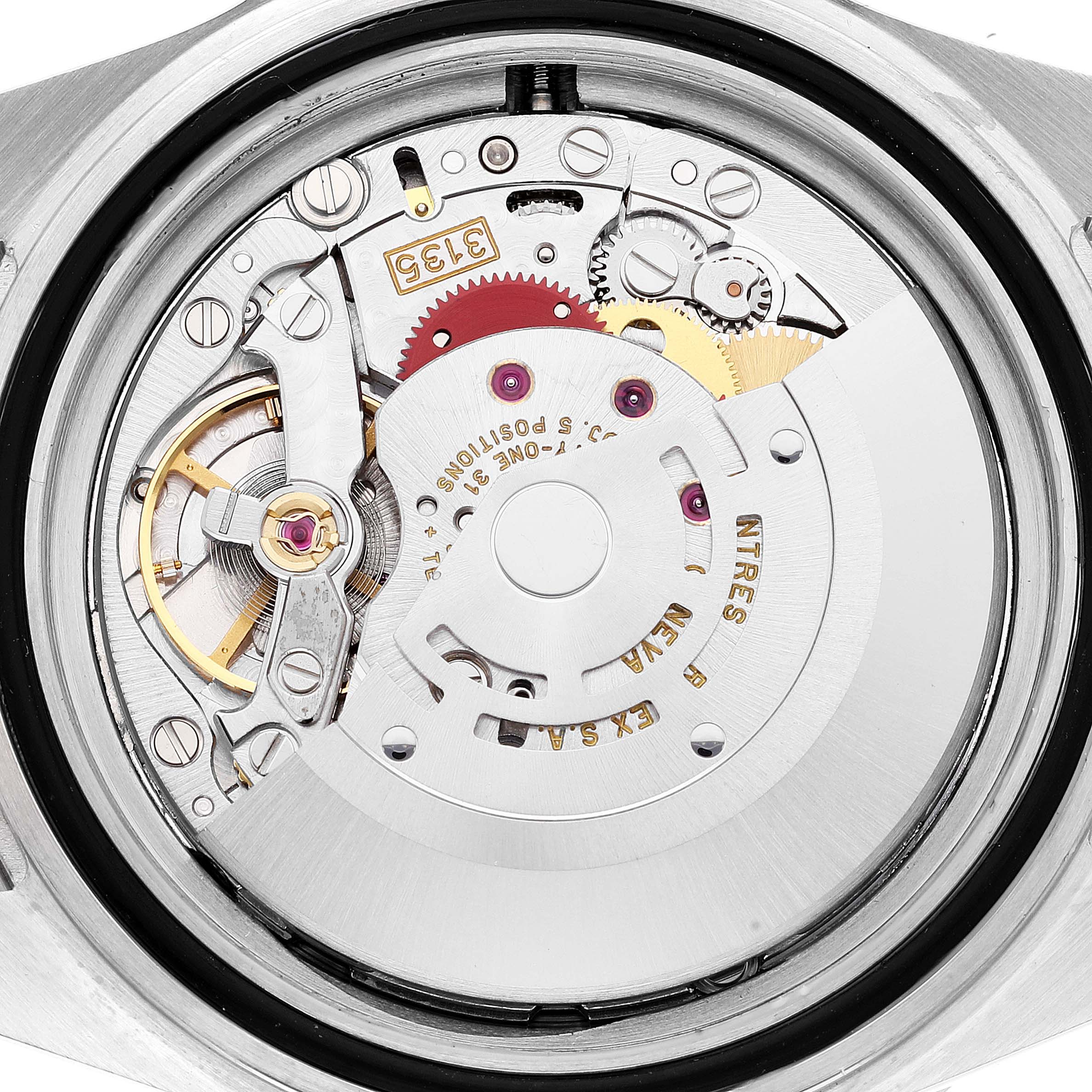 The image shows the internal mechanical movement of a Rolex Submariner 16613 Men's Steel and Gold (two tone) Blue Dial 16613 Men's Steel and Gold (two tone) Blue Dial watch from a top-down angle.