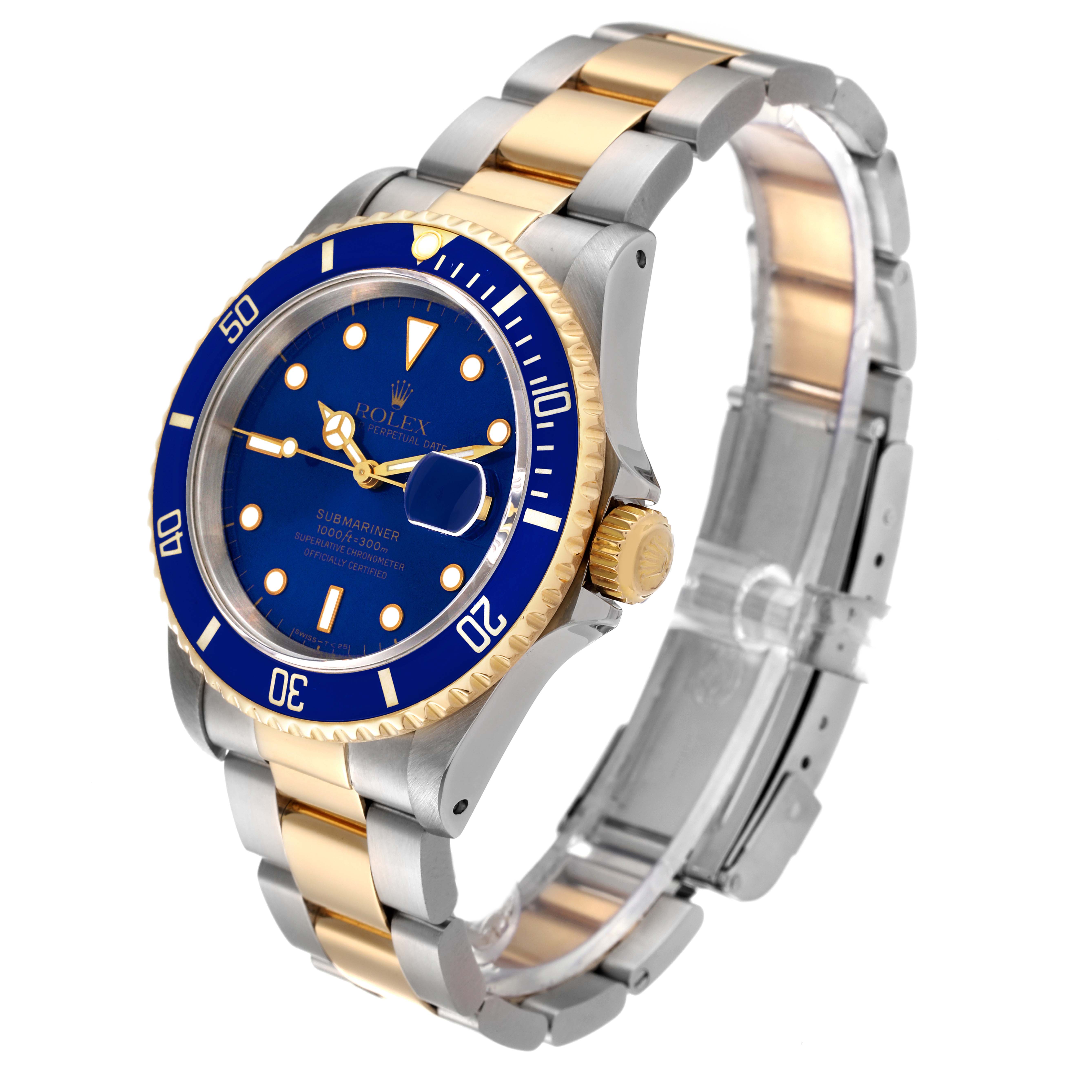The image shows a Rolex Submariner 16613 Men's Steel and Gold (two tone) Blue Dial 16613 Men's Steel and Gold (two tone) Blue Dial watch from a front-angulated side view, displaying the face, bezel, and bracelet.