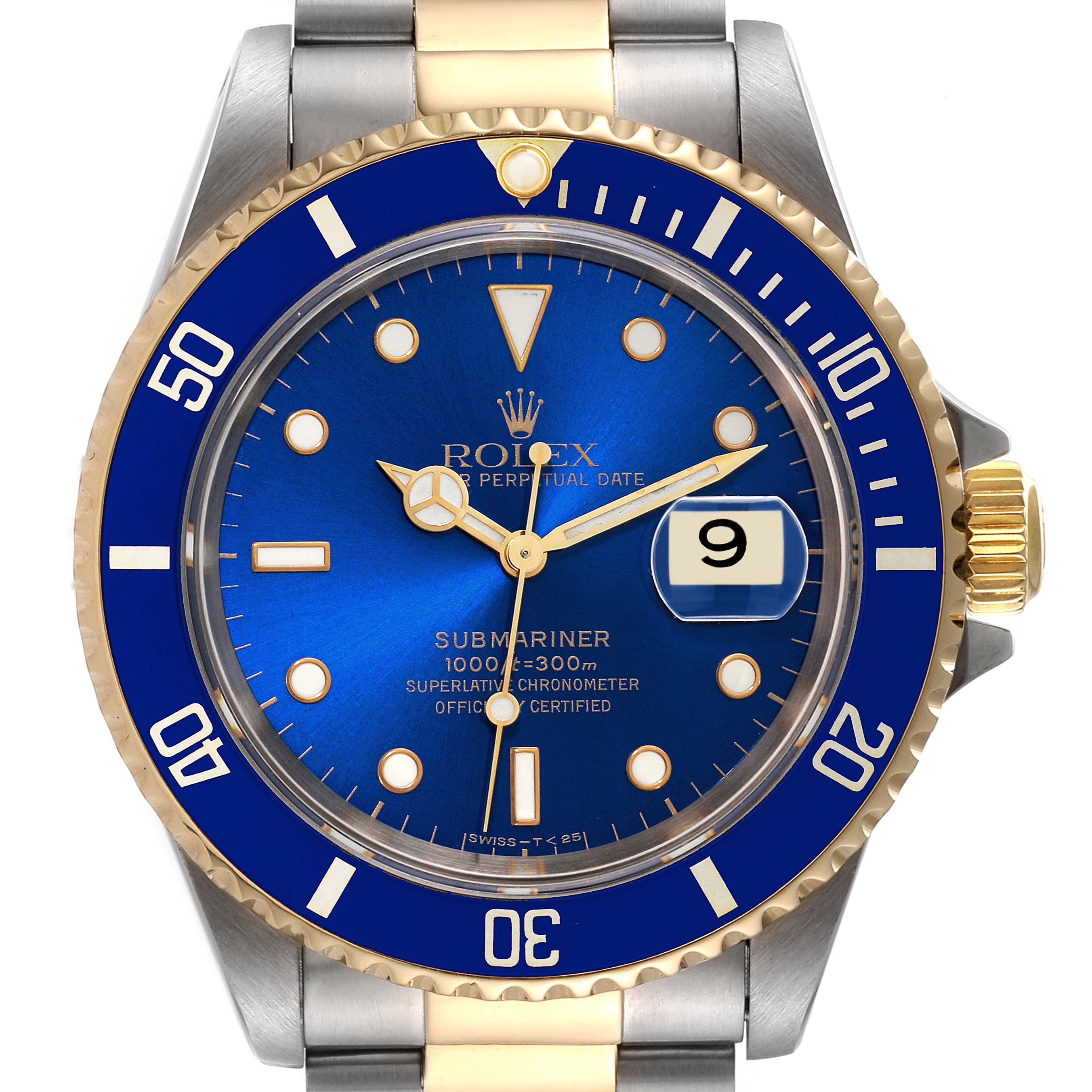This image shows a front view of the Rolex Submariner 16613 Men's Steel and Gold (two tone) Blue Dial 16613 Men's Steel and Gold (two tone) Blue Dial watch, highlighting its blue dial, date window, and two-tone bracelet.