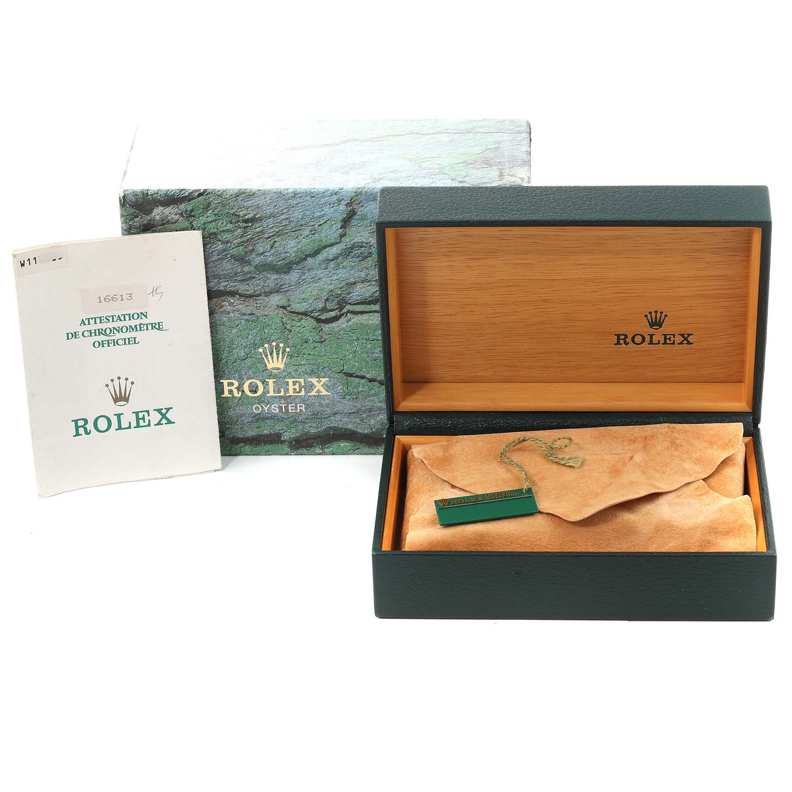 The image shows the packaging and documentation for a Rolex Submariner 16613 Men's Steel and Gold (two tone) Blue Dial 16613 Men's Steel and Gold (two tone) Blue Dial, including the box, pouch, and certificate.