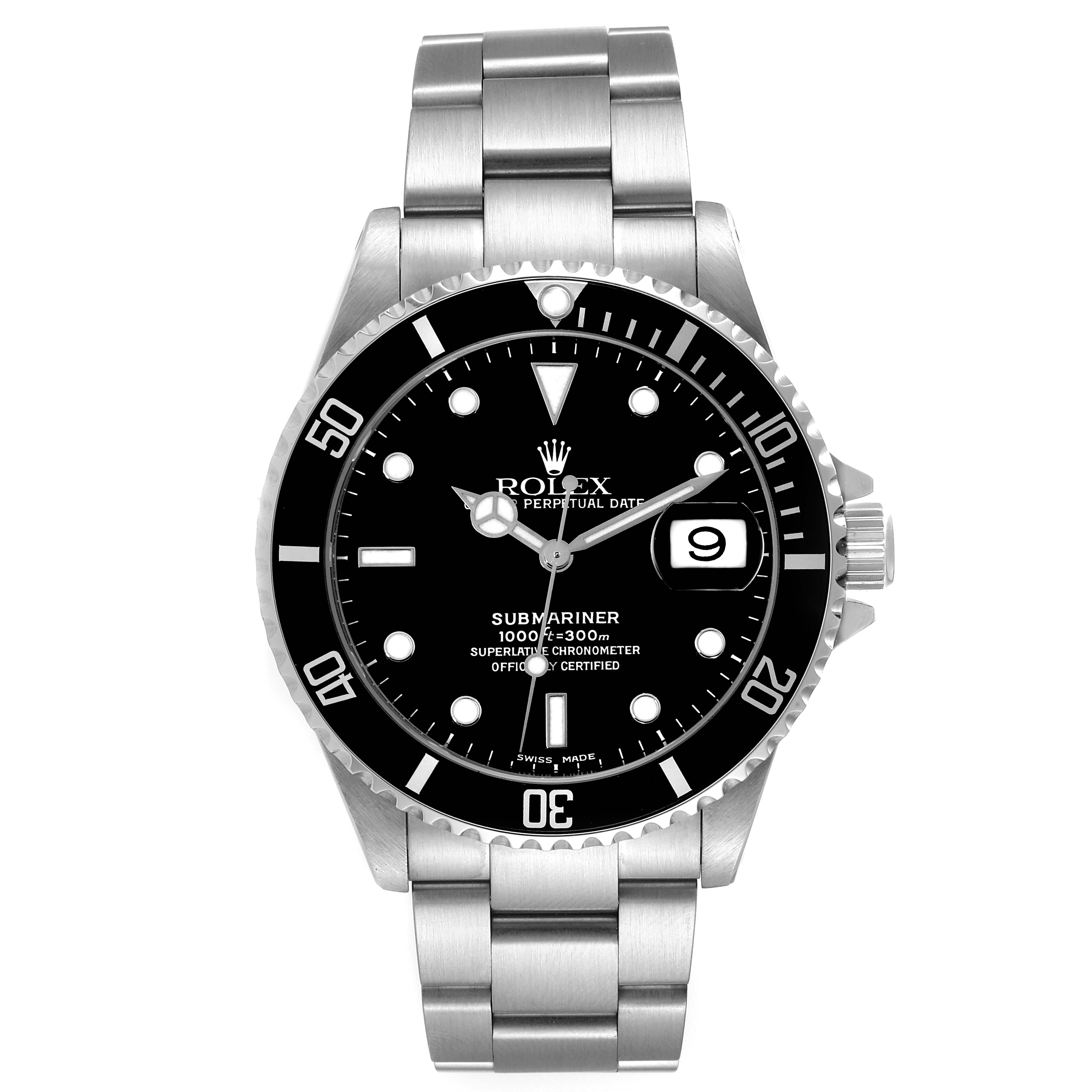 The image shows a front view of a Rolex Submariner 16610 Men
s Stainless Steel Black Dial 16610 Men
s Stainless Steel Black Dial watch, highlighting its black dial, bezel, and stainless steel bracelet.