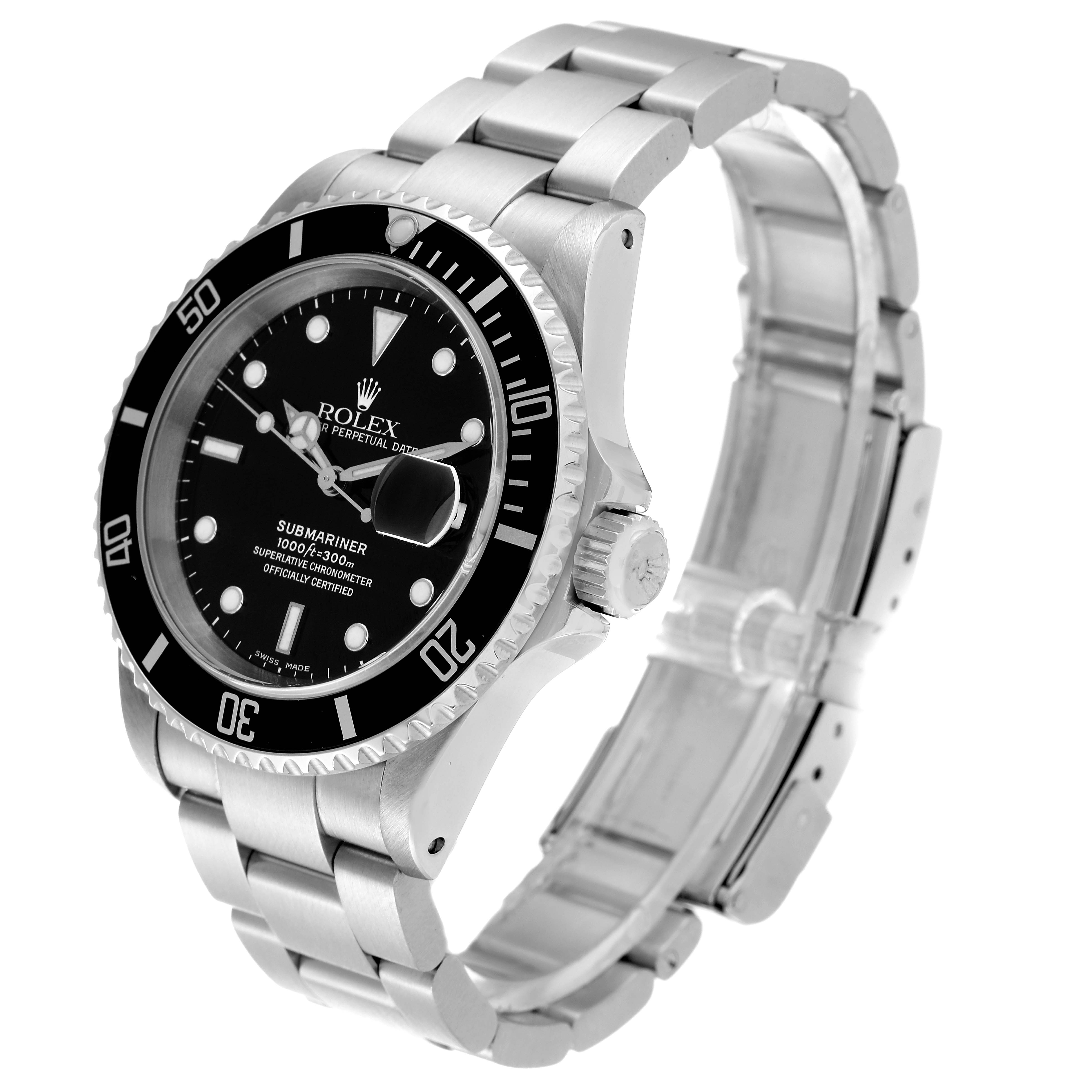 The image shows a side and front view of the Rolex Submariner 16610 Men
s Stainless Steel Black Dial 16610 Men
s Stainless Steel Black Dial watch, highlighting its bezel, dial, and bracelet.