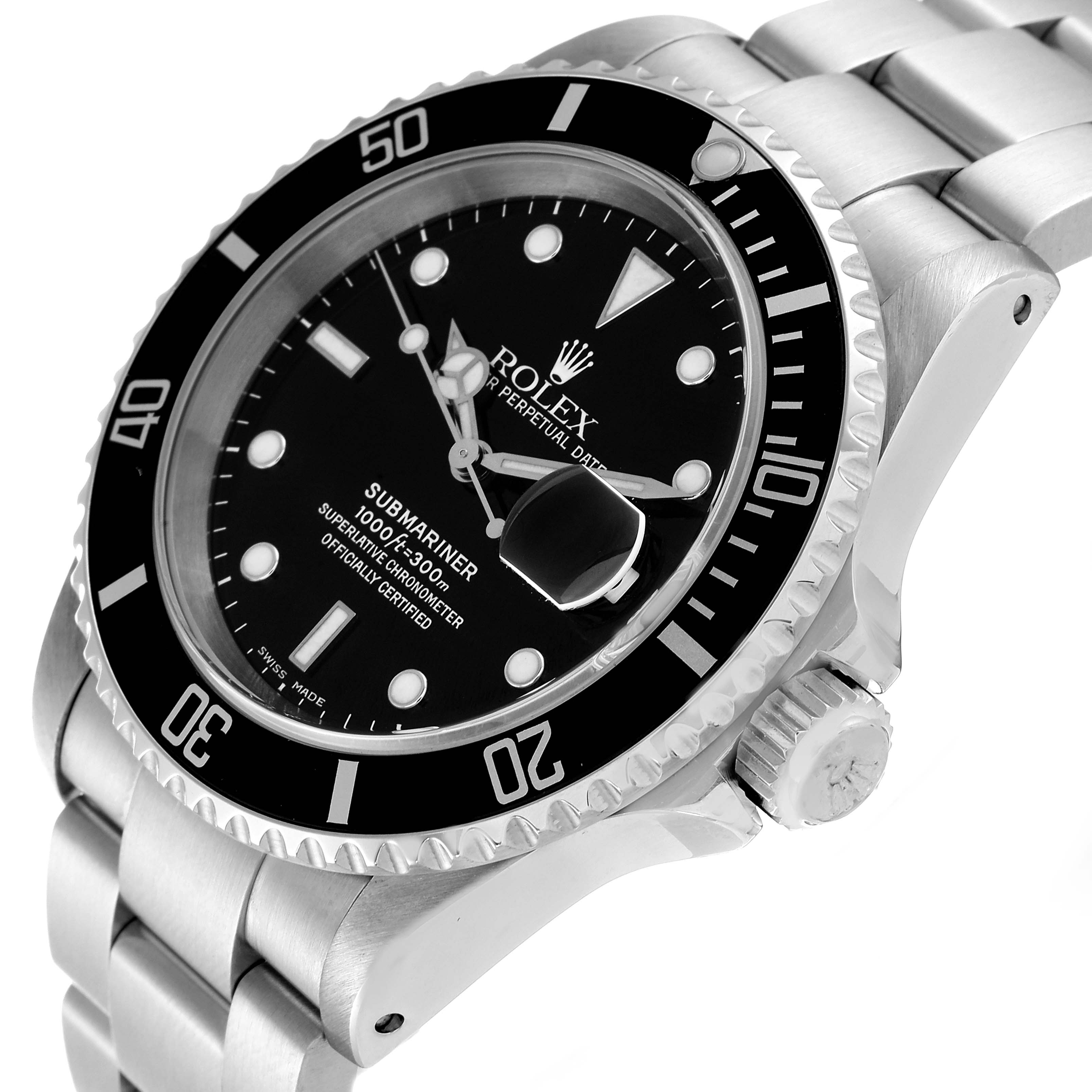 This image shows a close-up angled view of the Rolex Submariner 16610 Men
s Stainless Steel Black Dial 16610 Men
s Stainless Steel Black Dial watch, highlighting its face, bezel, and part of the bracelet.