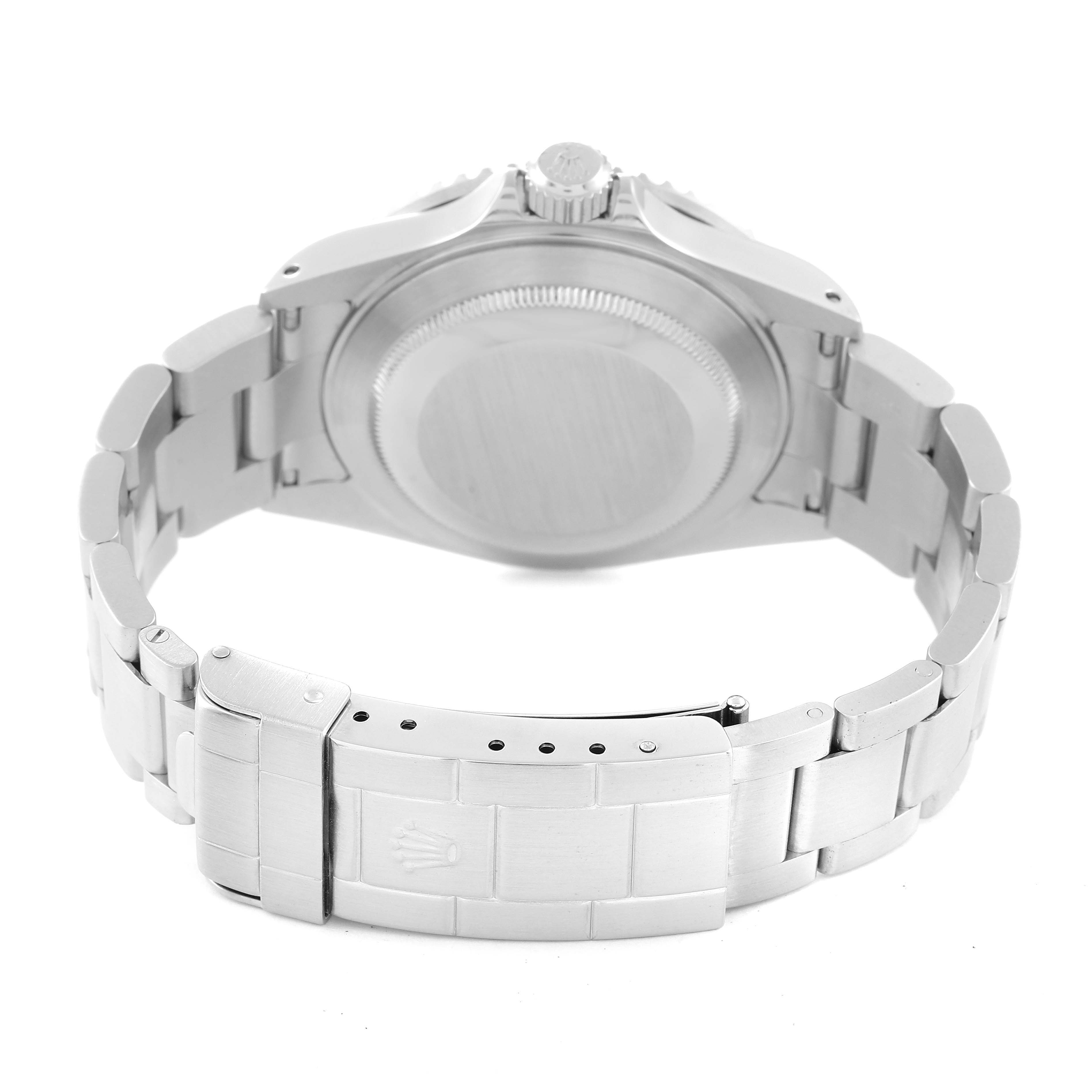 The image shows the back view of a Rolex Submariner 16610 Men
s Stainless Steel Black Dial 16610 Men
s Stainless Steel Black Dial watch, focusing on the bracelet and case back.