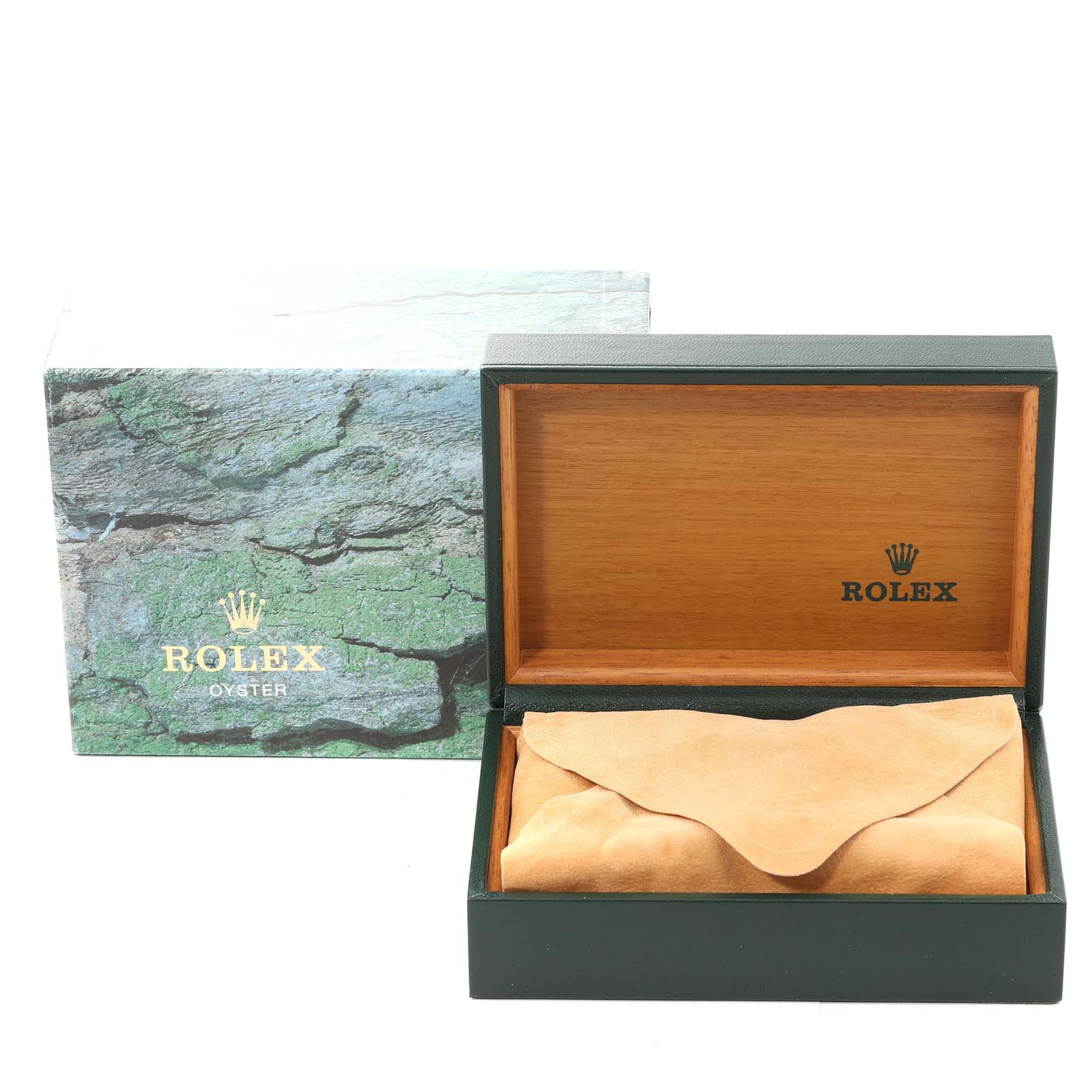 The image shows the packaging box and interior case for a Rolex Submariner 16610 Men
s Stainless Steel Black Dial 16610 Men
s Stainless Steel Black Dial watch, with the watch pouch visible.