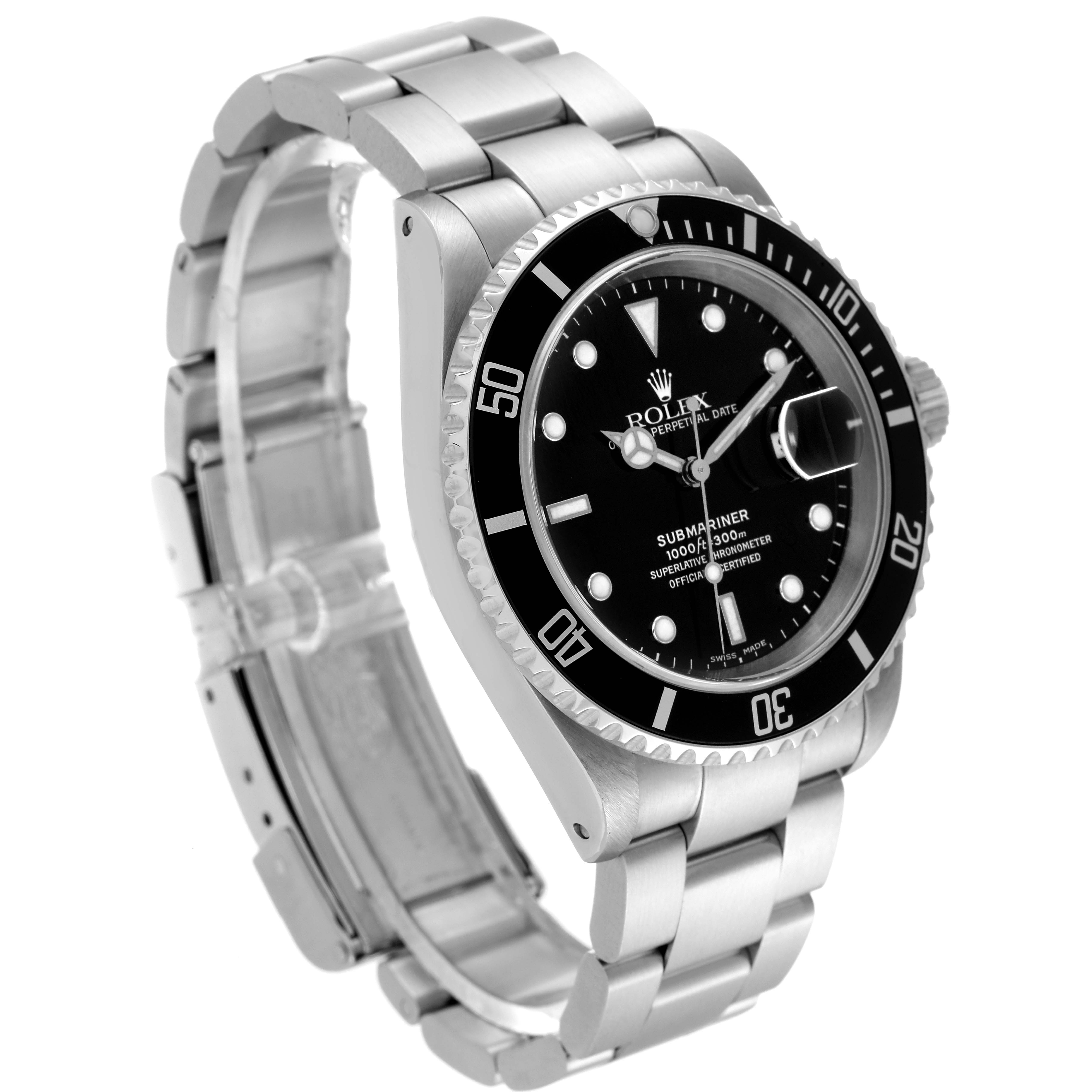 This image shows a Rolex Submariner 16610 Men
s Stainless Steel Black Dial 16610 Men
s Stainless Steel Black Dial watch at a three-quarter angle, highlighting the face, bezel, and bracelet.