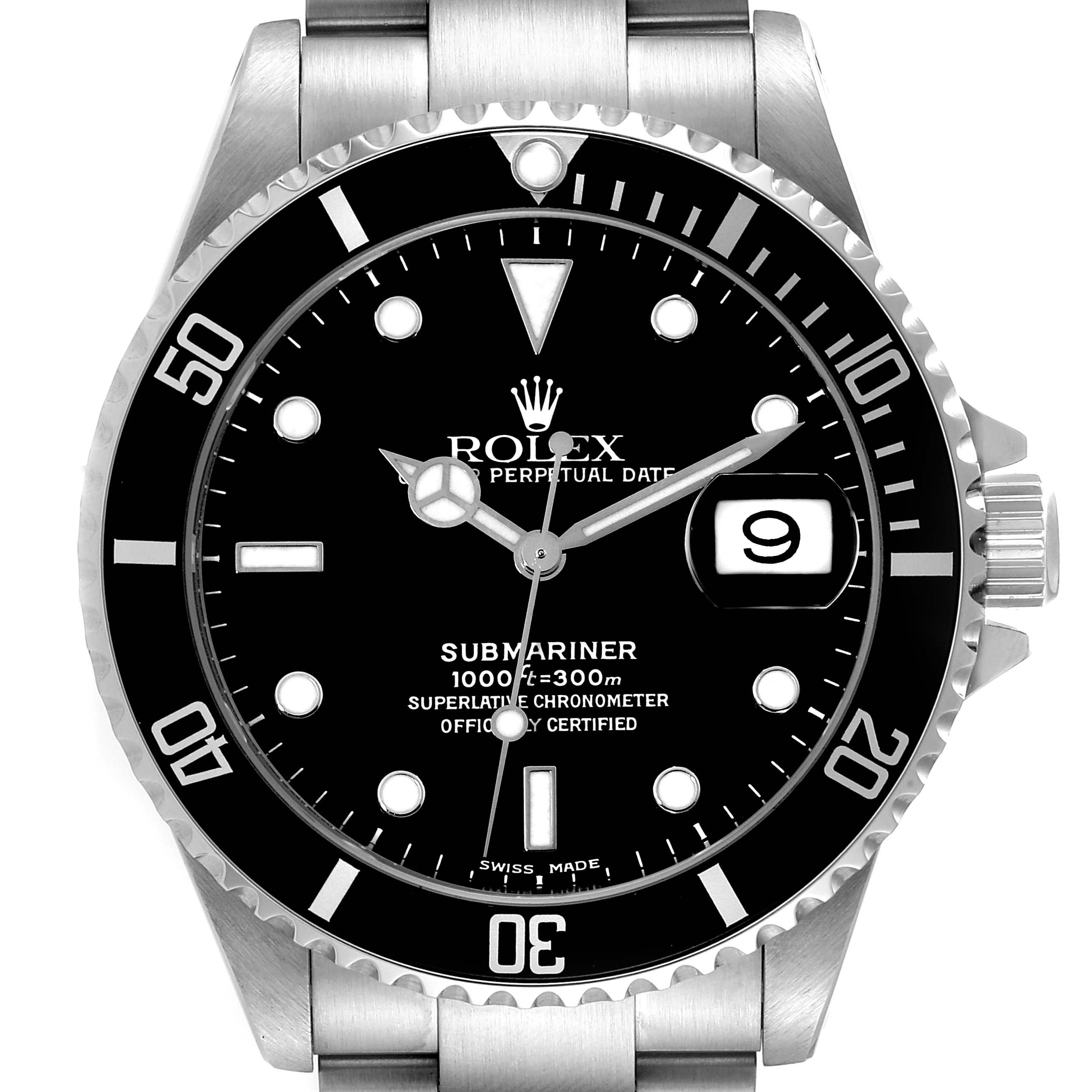 The image shows a front view of the Rolex Submariner 16610 Men
s Stainless Steel Black Dial 16610 Men
s Stainless Steel Black Dial watch, displaying its dial, bezel, hands, and part of the bracelet.