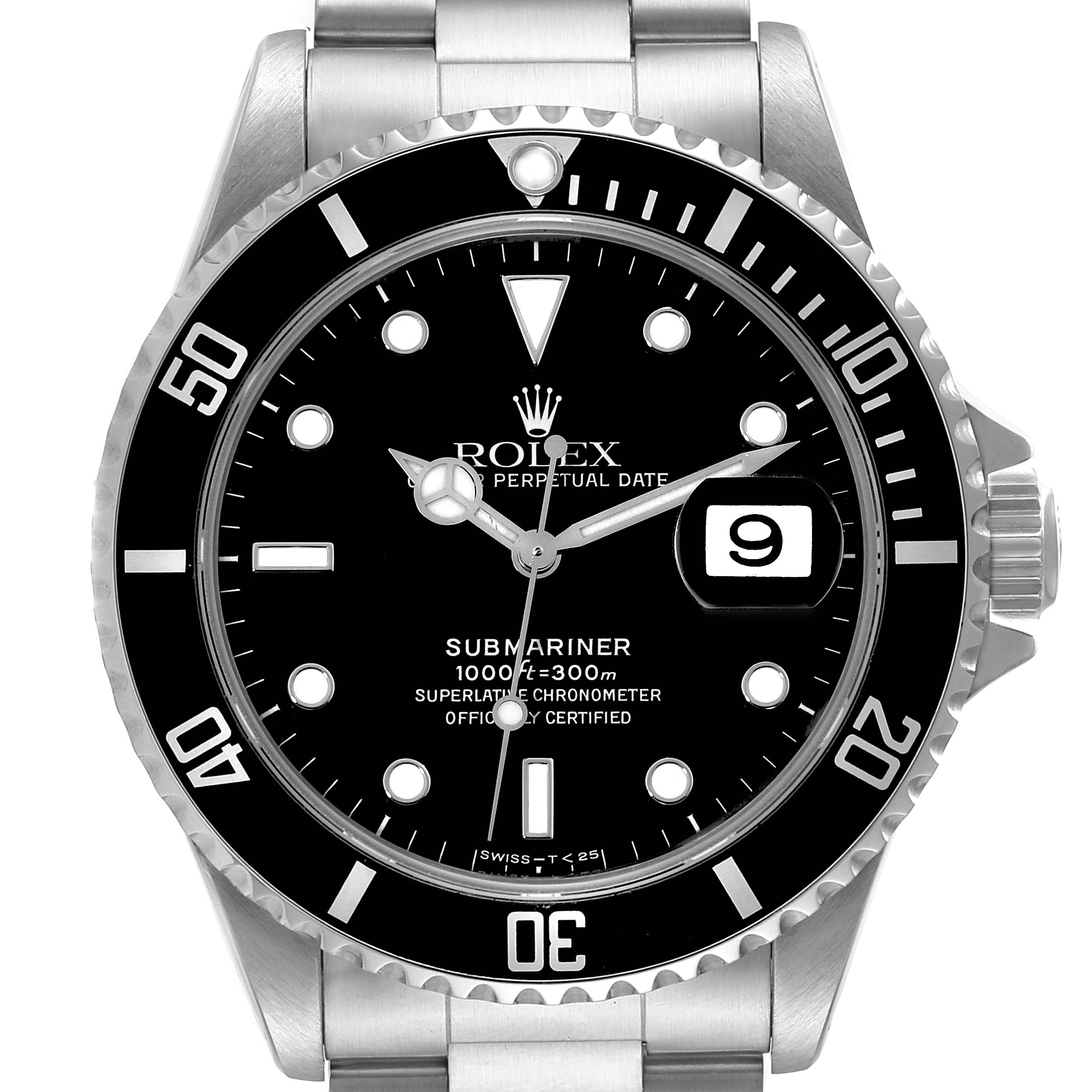 The image shows a front view of the Rolex Submariner 16610 Men
s Stainless Steel Black Dial 16610 Men
s Stainless Steel Black Dial watch, highlighting its black dial, date window, and stainless steel bracelet.