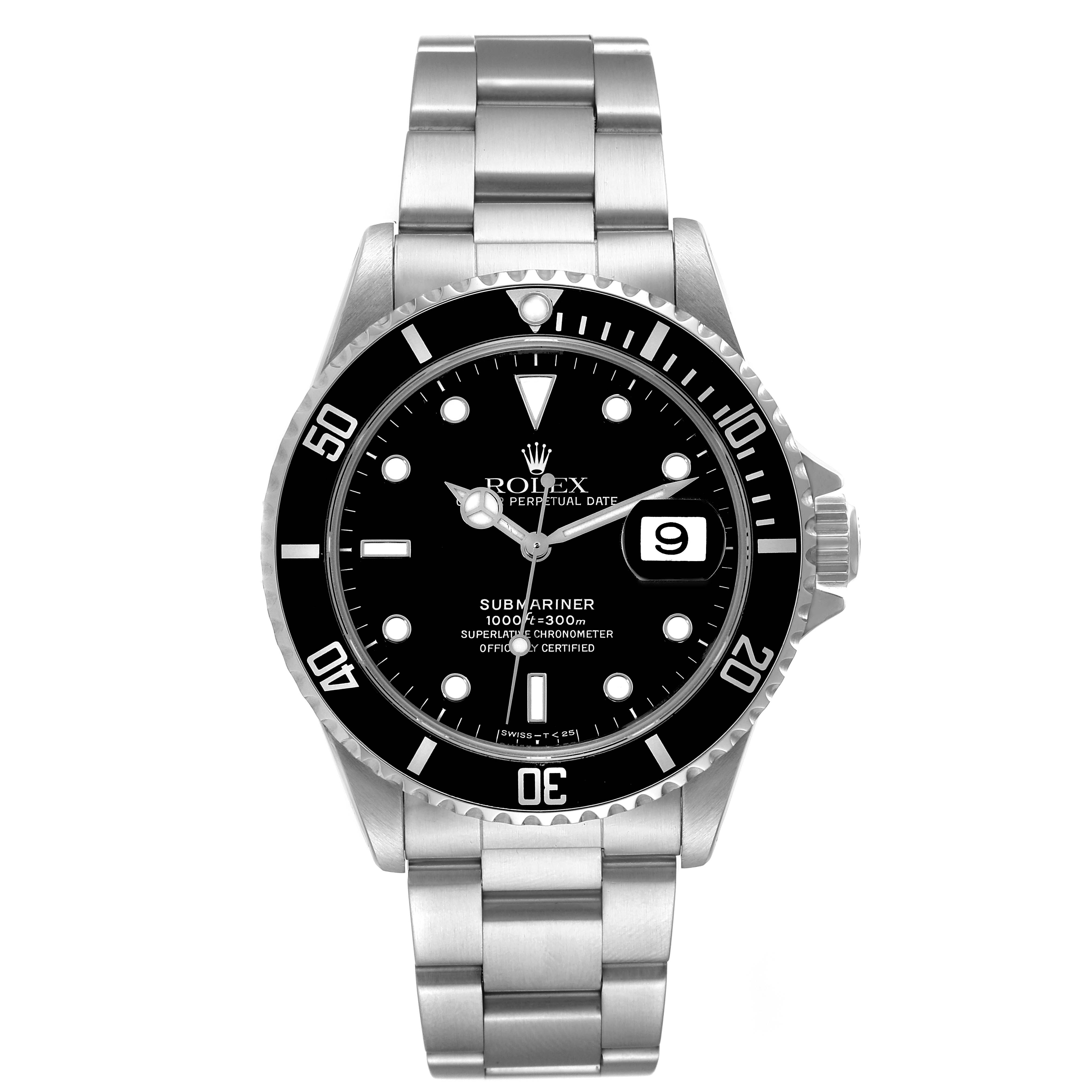 The image shows a front view of a Rolex Submariner 16610 Men
s Stainless Steel Black Dial 16610 Men
s Stainless Steel Black Dial watch, highlighting the dial, bezel, and stainless steel bracelet.