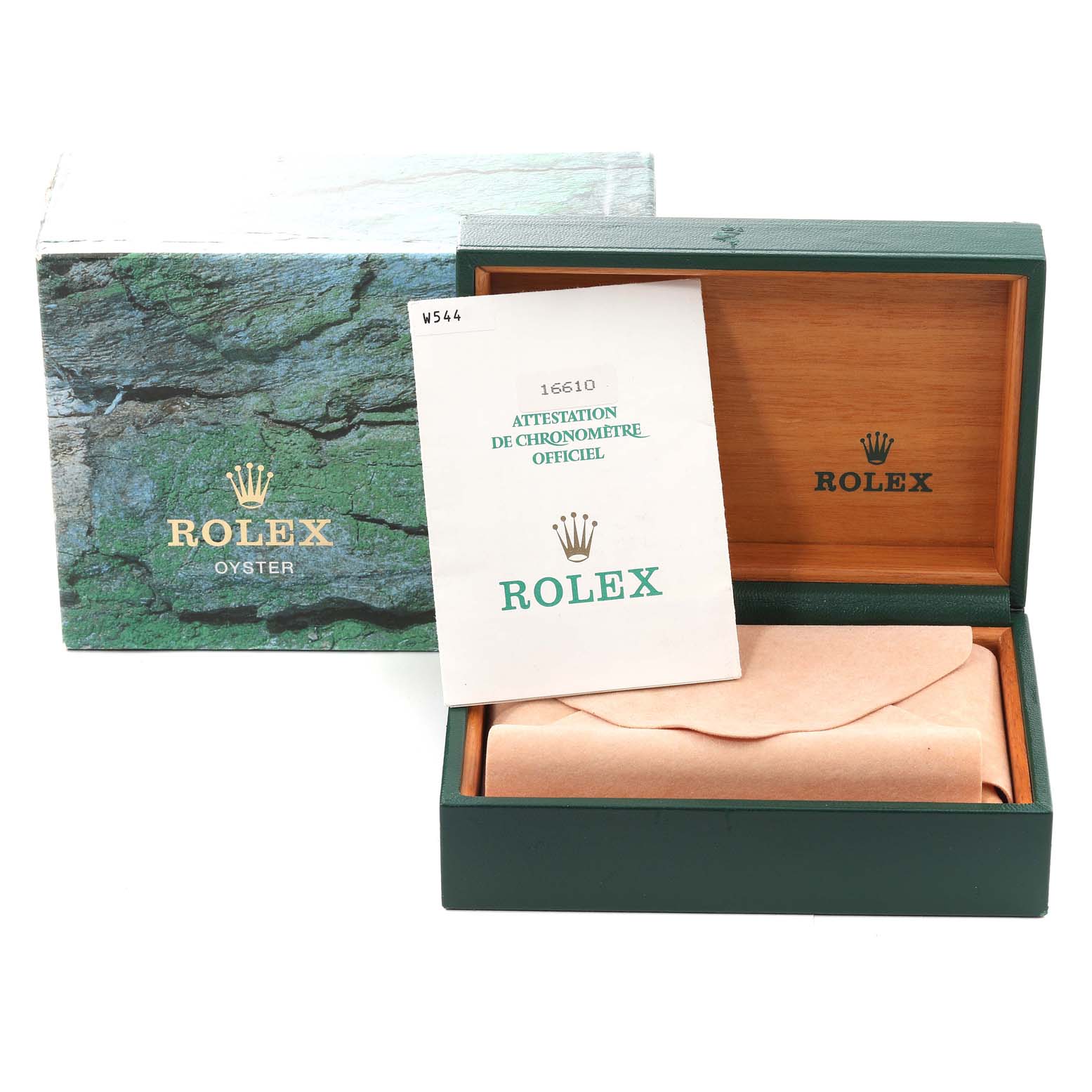 This image shows the packaging and documentation for a Rolex Submariner 16610 Men
s Stainless Steel Black Dial 16610 Men
s Stainless Steel Black Dial, including its outer box, inner box, and certificate.