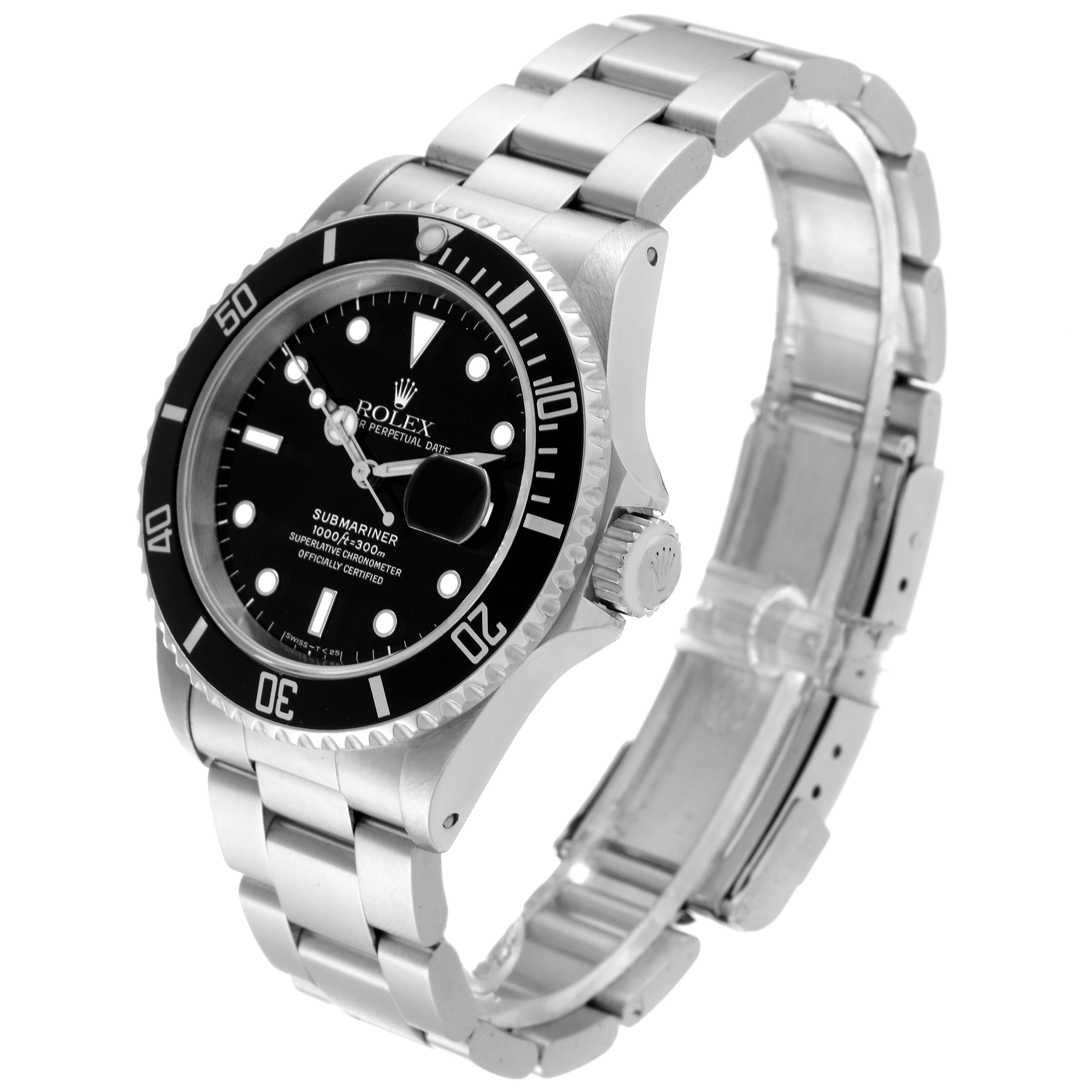 The Rolex Submariner 16610 Men
s Stainless Steel Black Dial 16610 Men
s Stainless Steel Black Dial watch is shown at an oblique angle, featuring the dial, bezel, crown, and metal bracelet.