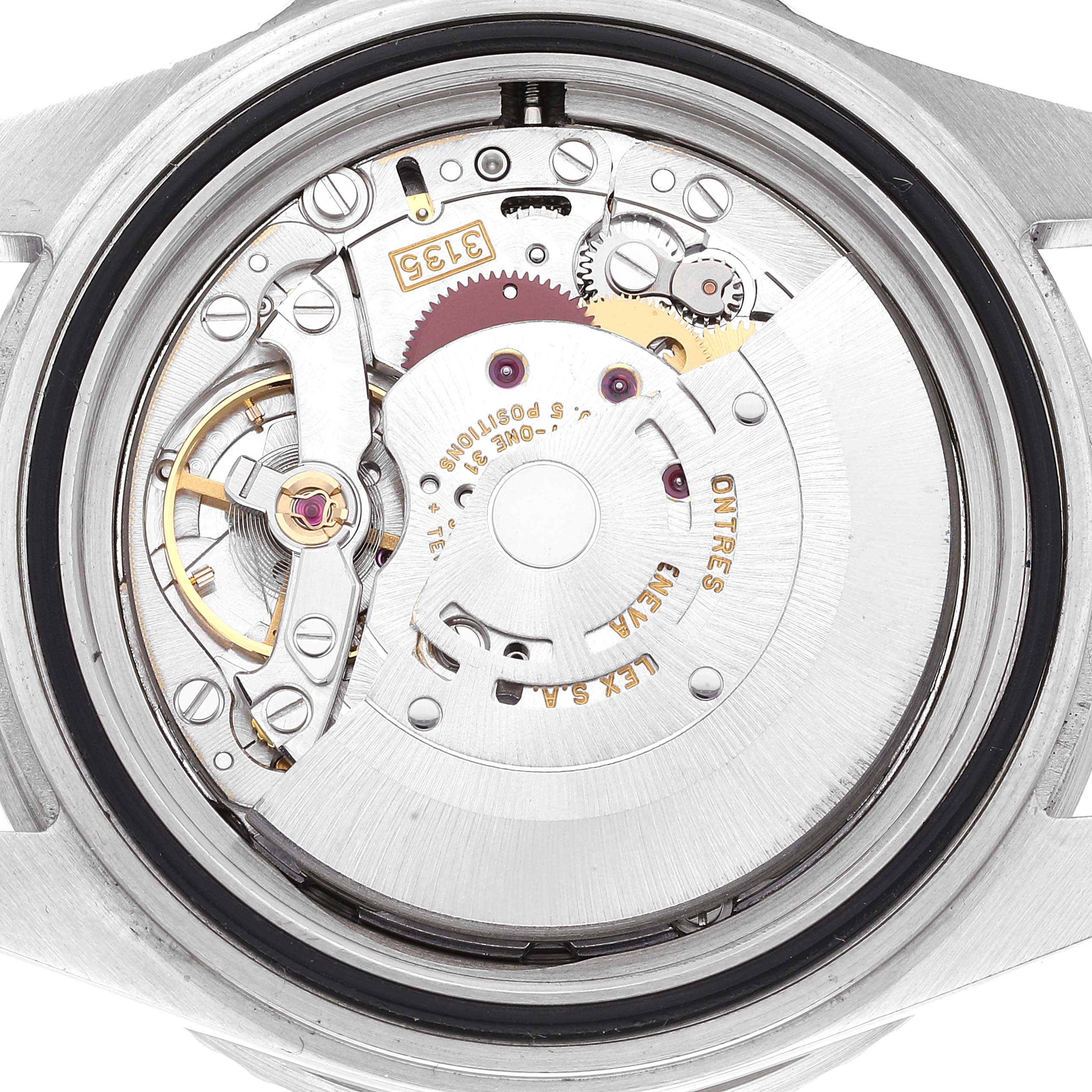This image shows a detailed close-up of the movement and internal components of a Rolex Submariner 16610 Men
s Stainless Steel Black Dial 16610 Men
s Stainless Steel Black Dial watch from the backside.