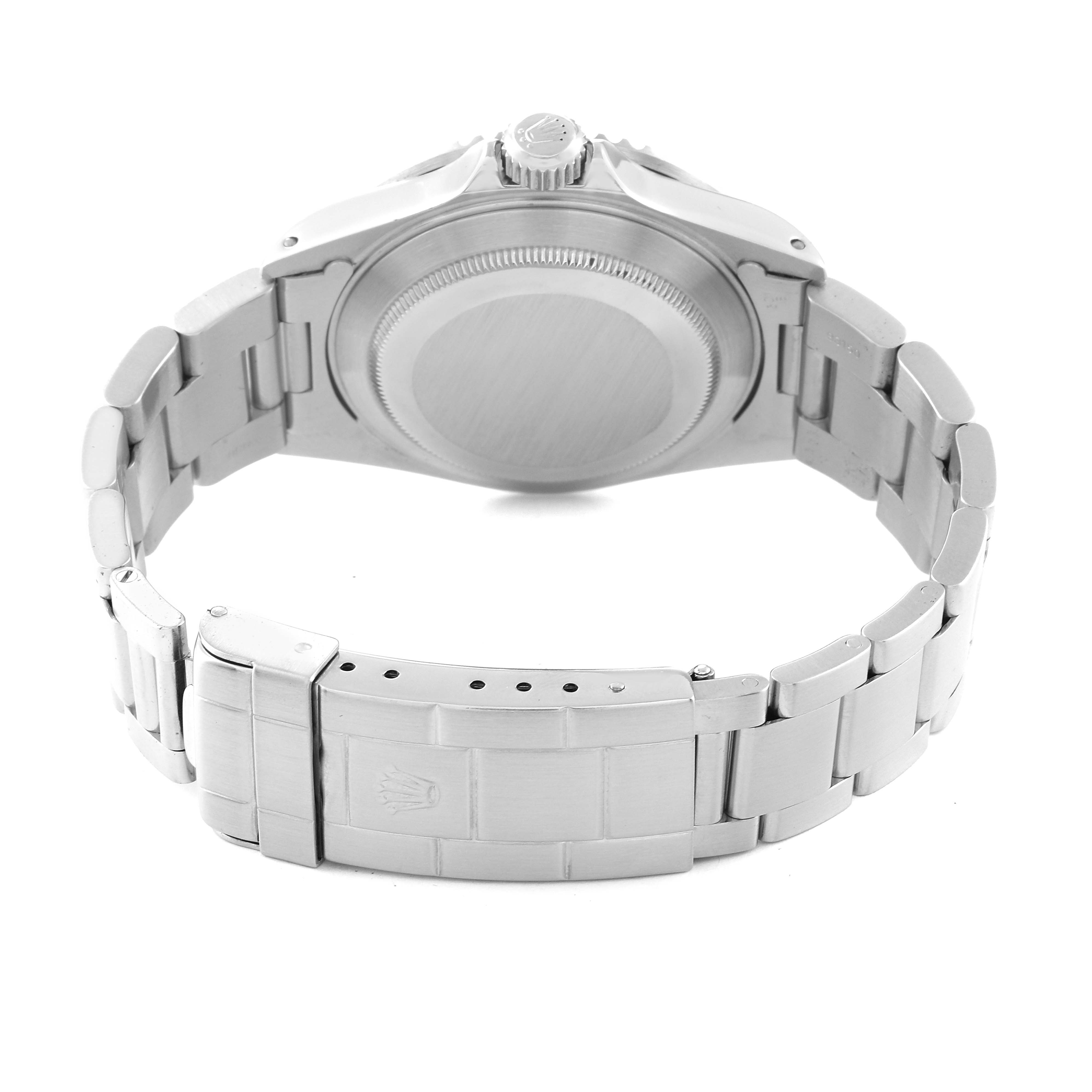 The image shows the back view of a Rolex Submariner 16610 Men
s Stainless Steel Black Dial 16610 Men
s Stainless Steel Black Dial, highlighting its metal bracelet and clasp.