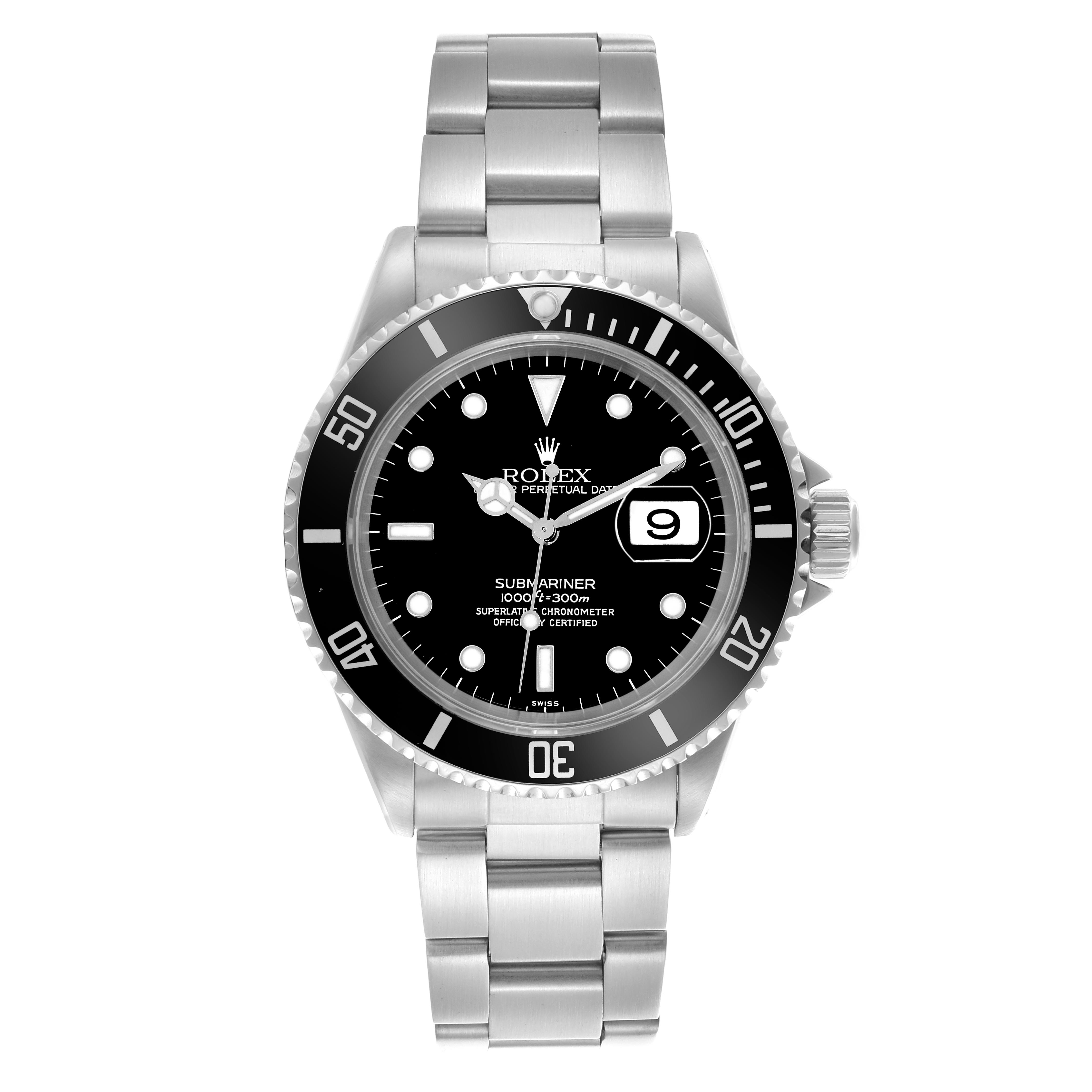 The Rolex Submariner 16610 Men's Stainless Steel Black Dial 16610 Men's Stainless Steel Black Dial is shown from the front, displaying the black dial, bezel, and bracelet.