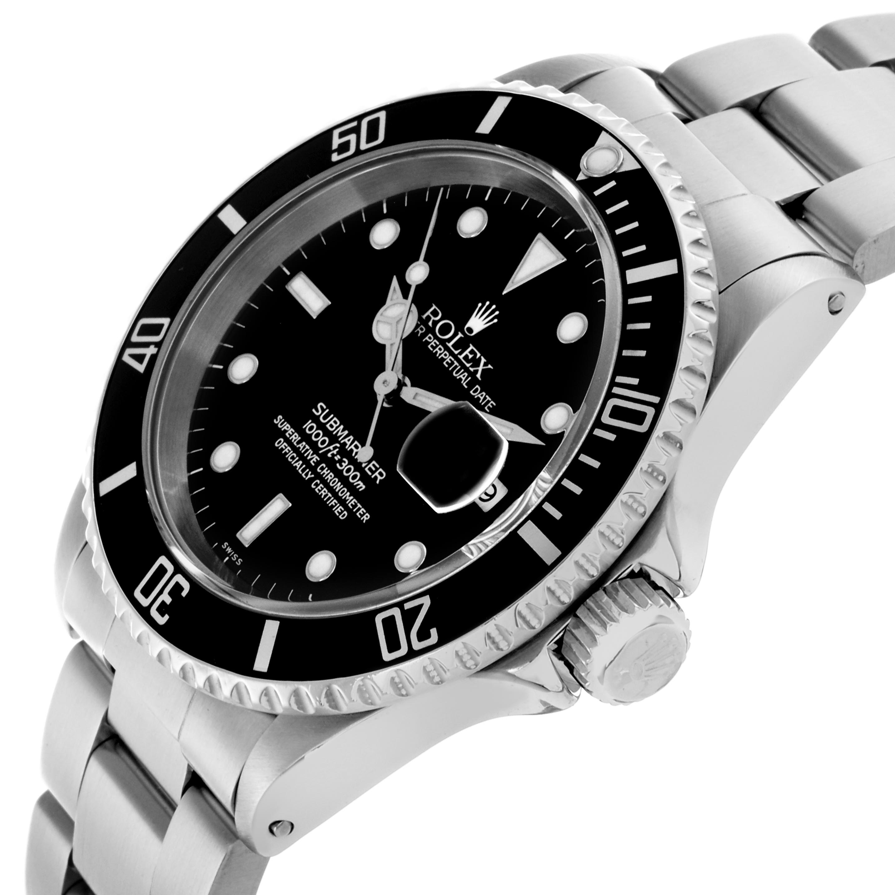 The Rolex Submariner 16610 Men's Stainless Steel Black Dial 16610 Men's Stainless Steel Black Dial watch is shown at an angled view displaying the bezel, dial, crown, and part of the stainless steel bracelet.