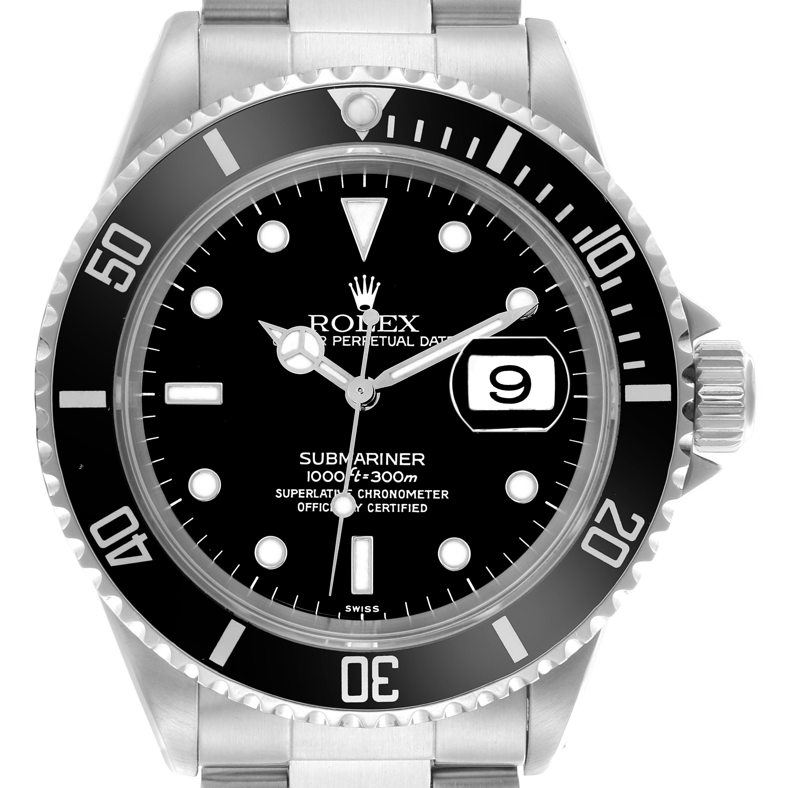 The Rolex Submariner 16610 Men's Stainless Steel Black Dial 16610 Men's Stainless Steel Black Dial watch is shown from a front angle, highlighting the dial, bezel, and part of the bracelet.